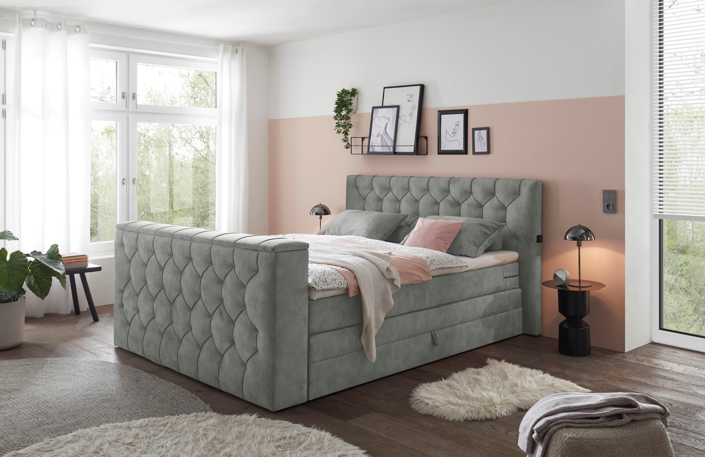 ED EXCITING DESIGN Boxspringbett »Springdale«, mit Bettkasten, motorisierter TV-Halterung, Duo-Matratze (H3/H4)