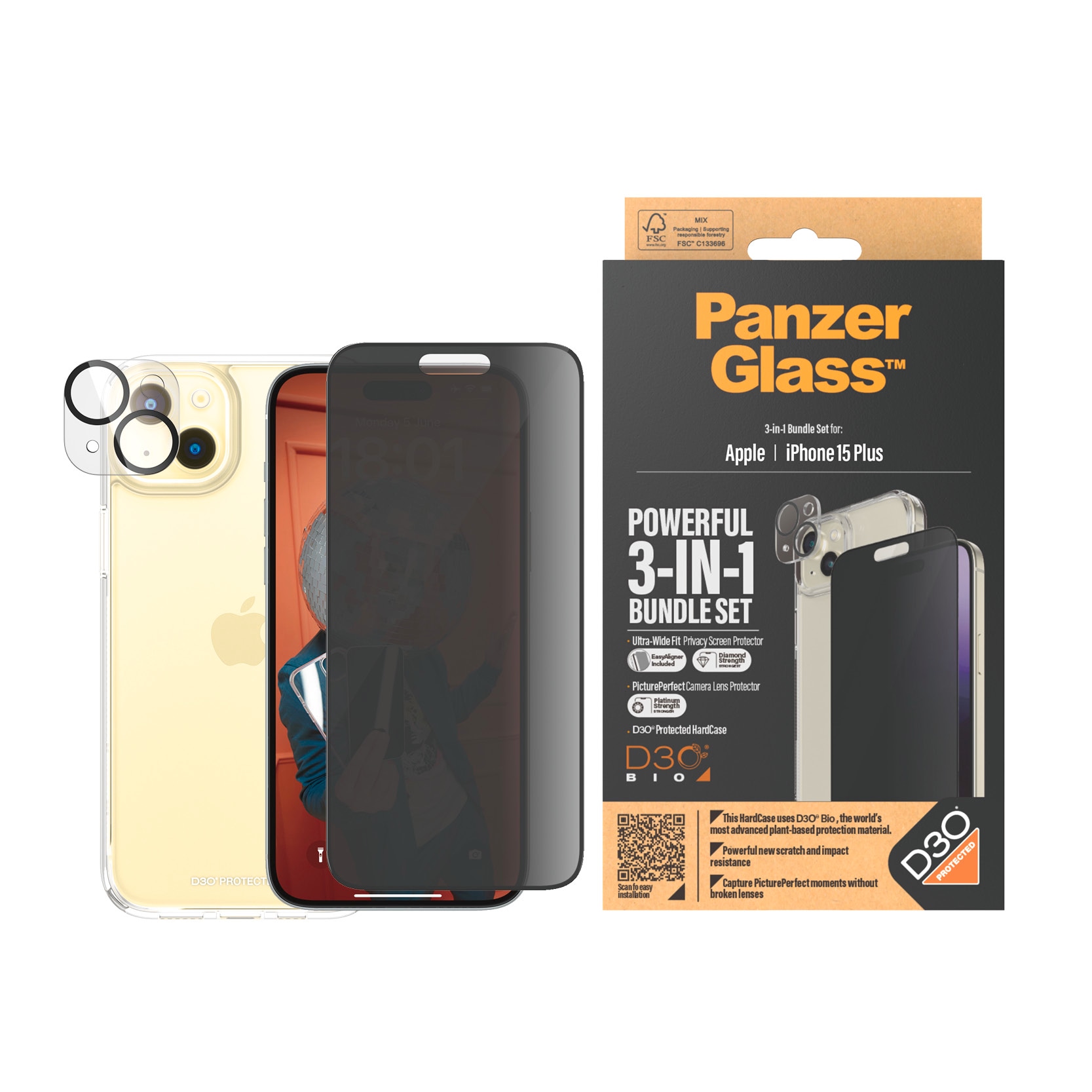 PanzerGlass Displayschutzglas »3-in-1-Privacy-Pack Privacy, Camera Protector und Cover« für iPhone 15 Plus
