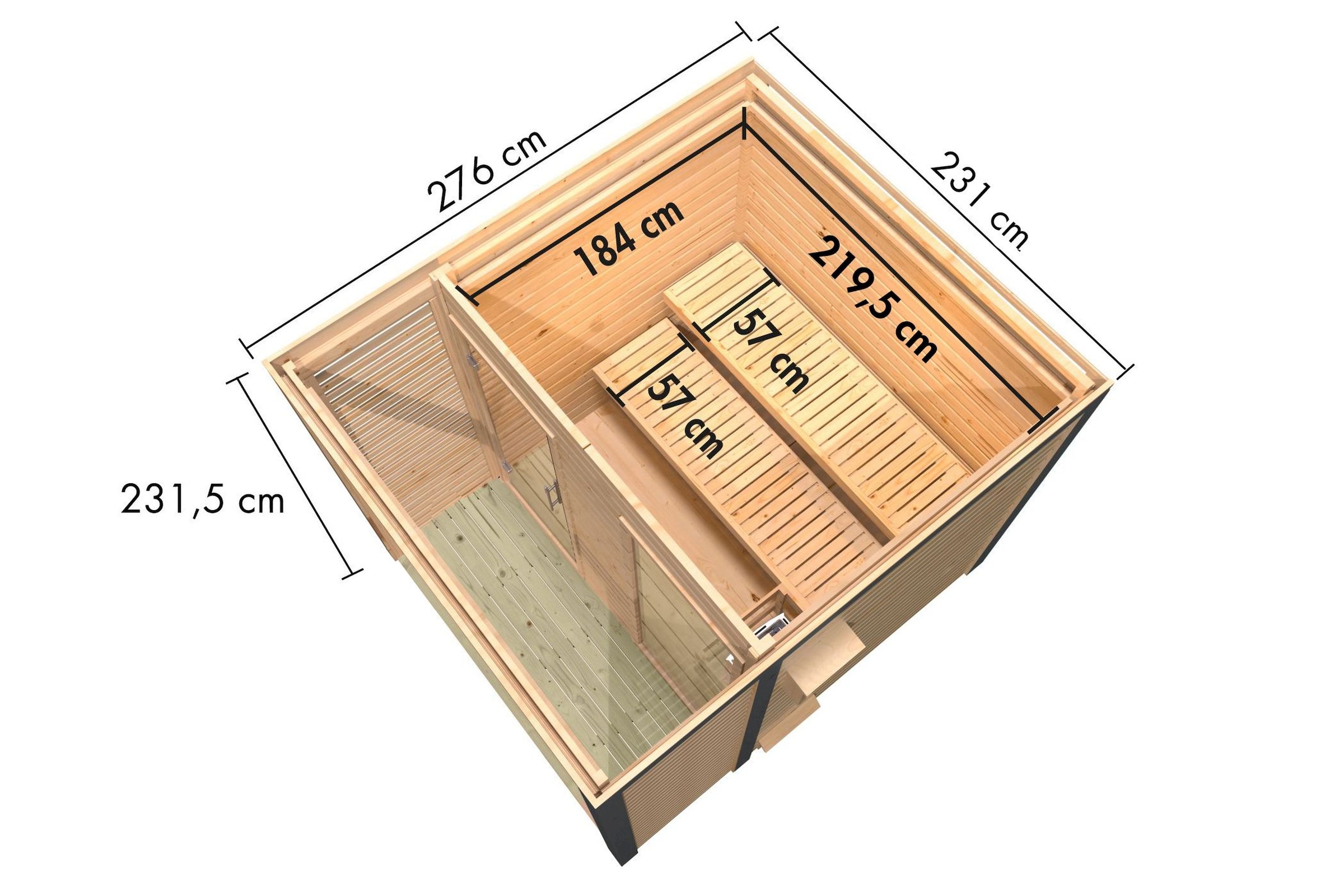 Karibu Saunahaus »"Adrian 2" naturbelassen-graualuminium« Wände aus nordischer Fichte, Stahlecken und Stahl-Dachabschluss
