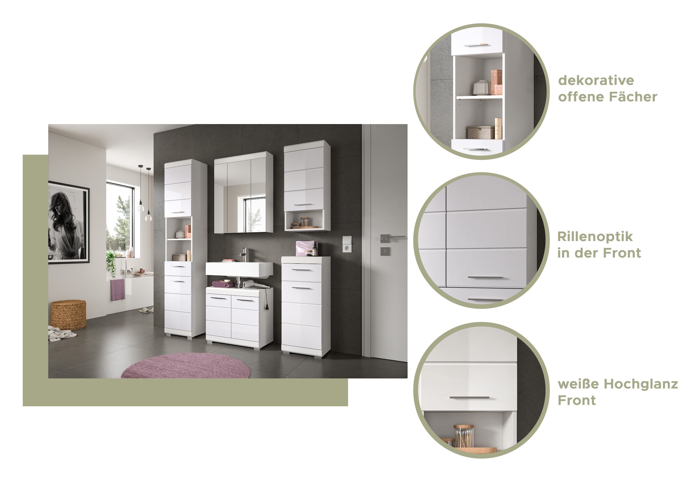 INOSIGN Spiegelschrank »Siena, Breite 60cm, inkl. Beleuchtung, 3 Spiegeltüren, 9 Fächer«, (Set), in verschiedenen Farben erhältlich, Badmöbel, Spiegel, Badschrank, Bad