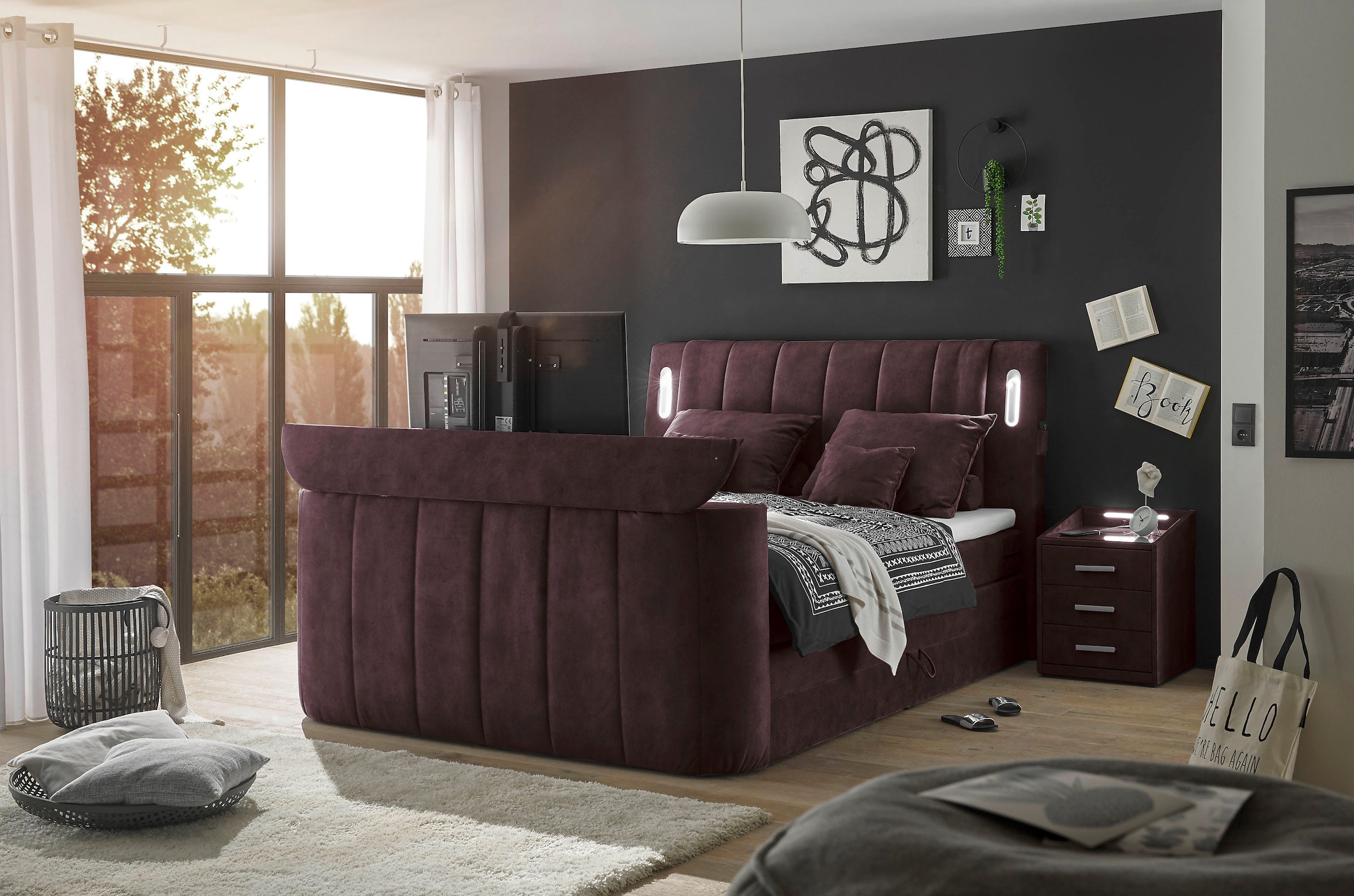 ED EXCITING DESIGN Boxspringbett »Dallas«,  inkl. Topper, LED-Beleuchtung, TV Halterung (bis 40 Zoll) und 2 Bettkästen