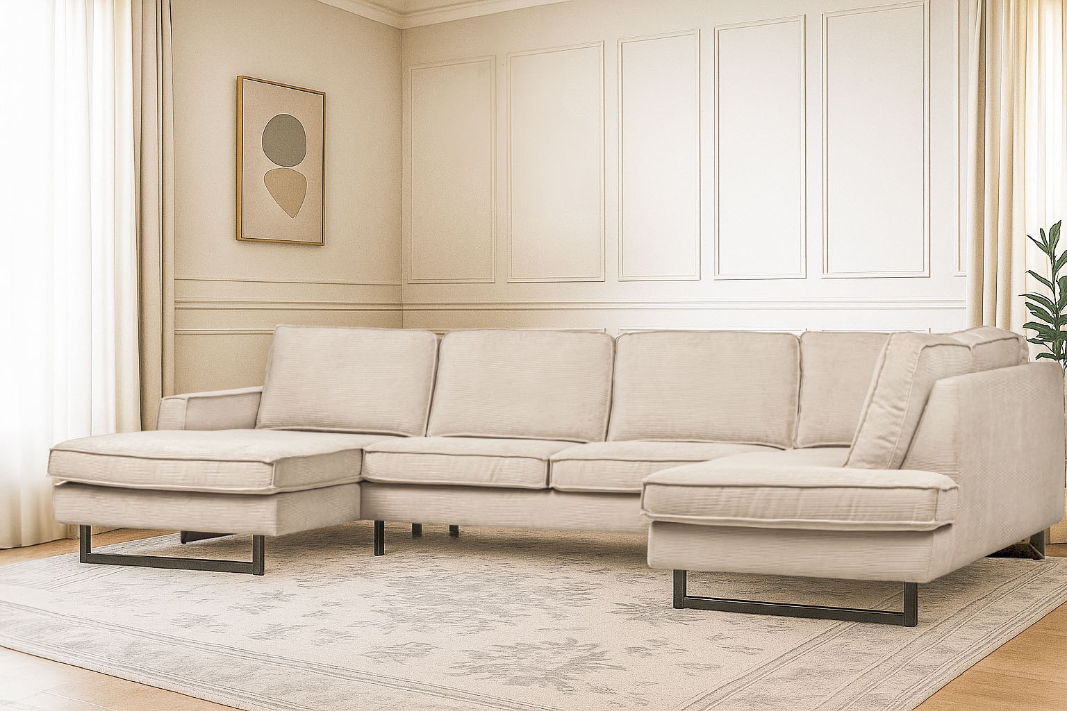 Home affaire Wohnlandschaft »Pinto, 350 cm, U-Form, XXL, mit Ottomanen« Cord, Chenille, Lederoptik, mit Keder, Metallfüße, Wellenunterfederung