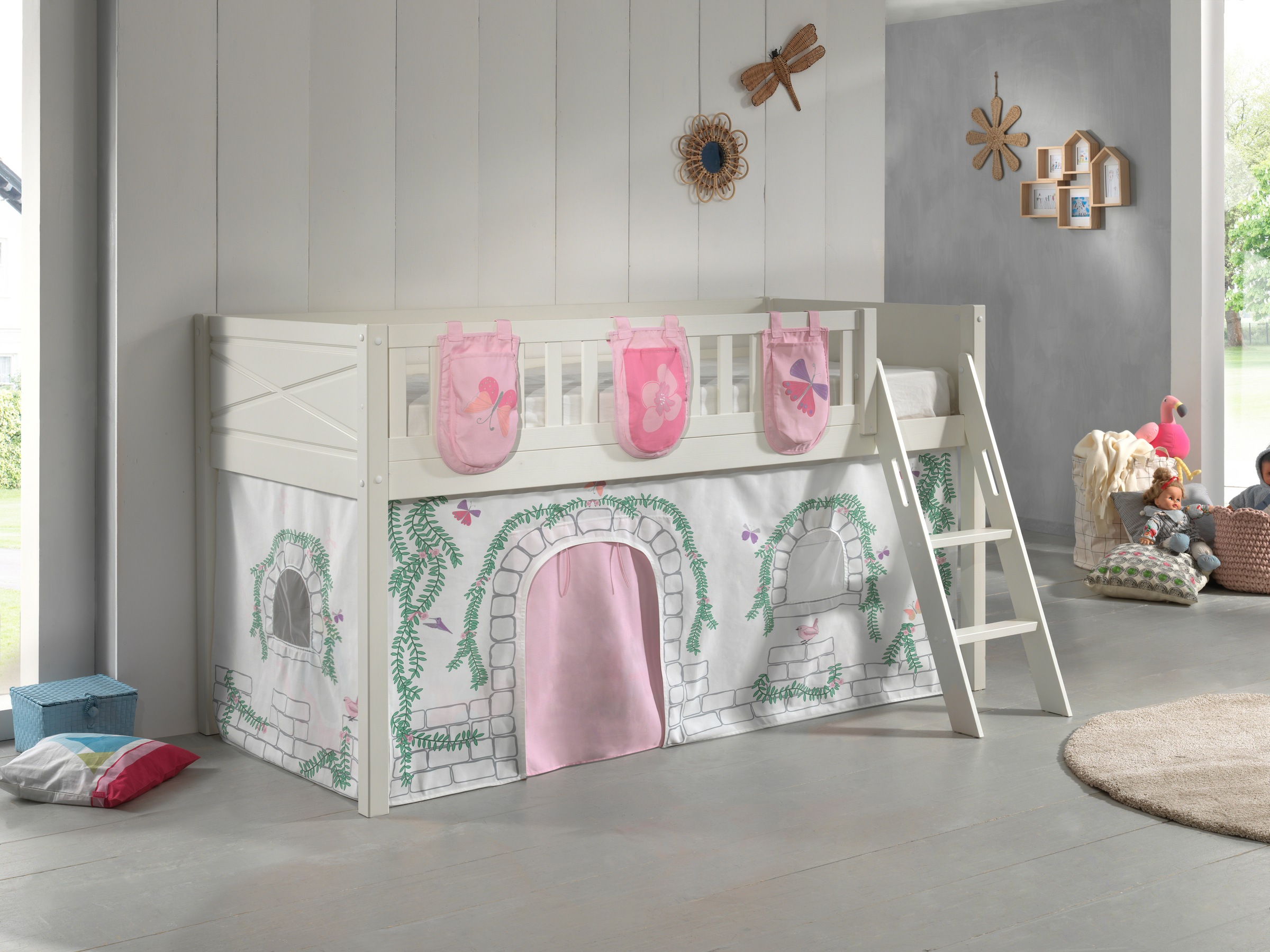 Vipack Hochbett »Scott« Made in Europe,  mit schräger Leiter, LF 90x200 cm, Vorhang, Tasche, 4 Designs