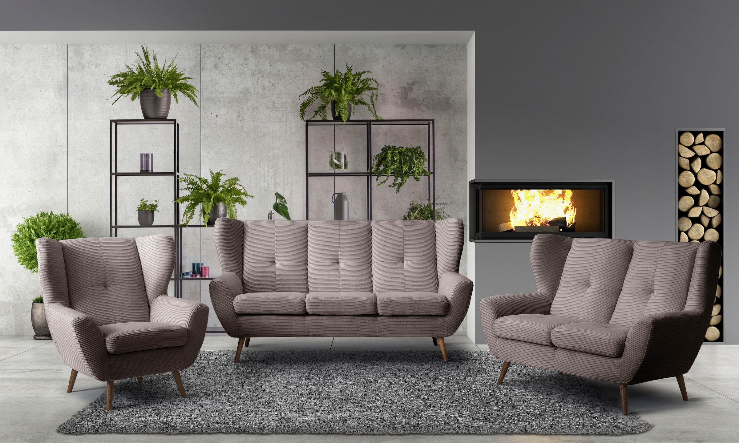 exxpo - sofa fashion 3-Sitzer »ALVESTA, Loungesofa, Küchensofa, hoher Sitzkomfort, Ohrenbackensofa«, gemütliche Rückenlehne, mit Knopfheftung und hohen Holzfüßen, in Cord