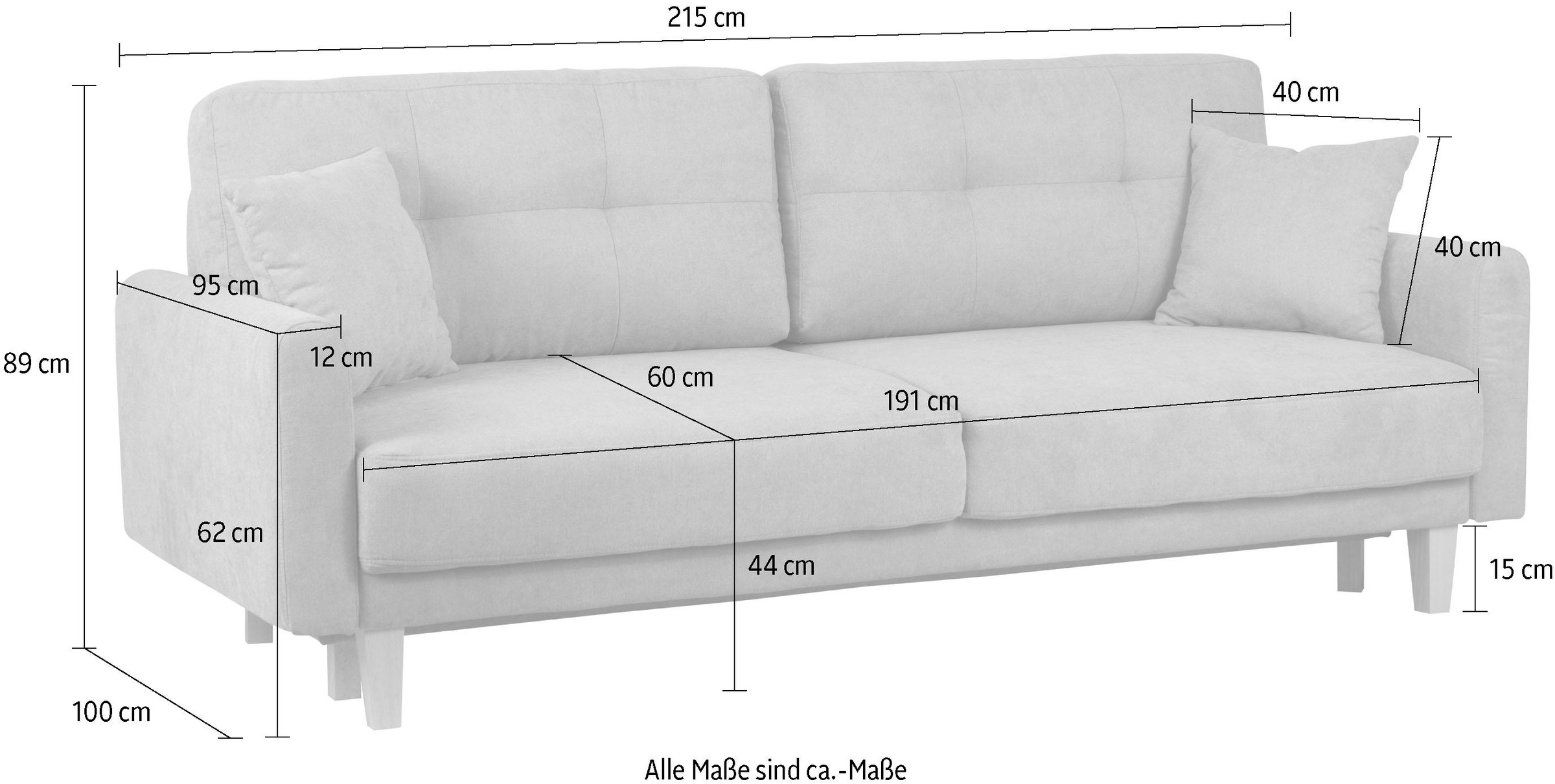 Home affaire 3-Sitzer »TRIPLO optionale Schlafsofa mit Bettkasten, Maße B/T/H: 215/100/89 cm«, Wahlweise Bettfunktion - Liegefläche 145x191 cm, Rücken-, Zierkissen