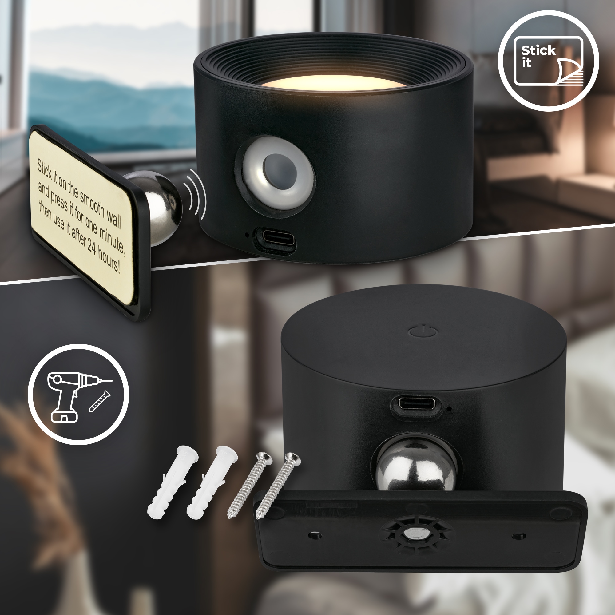 B.K.Licht LED Wandleuchte »BKL1597 Magnetische Akku Wandlampe, 3-Stufen Dimmer, mit USB-C« LED-Modul 1 Stk. Tageslichtweiß CCT-Funktion, 150Lm, 2W, 14h Leuchtdauer, 4,5 x 8 x 9,5 cm, Schwarz