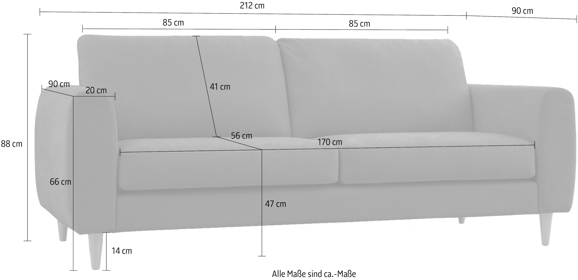 OTTO home 3-Sitzer »Finnian« 212 cm, Chenille, elegante Massivholzfüße