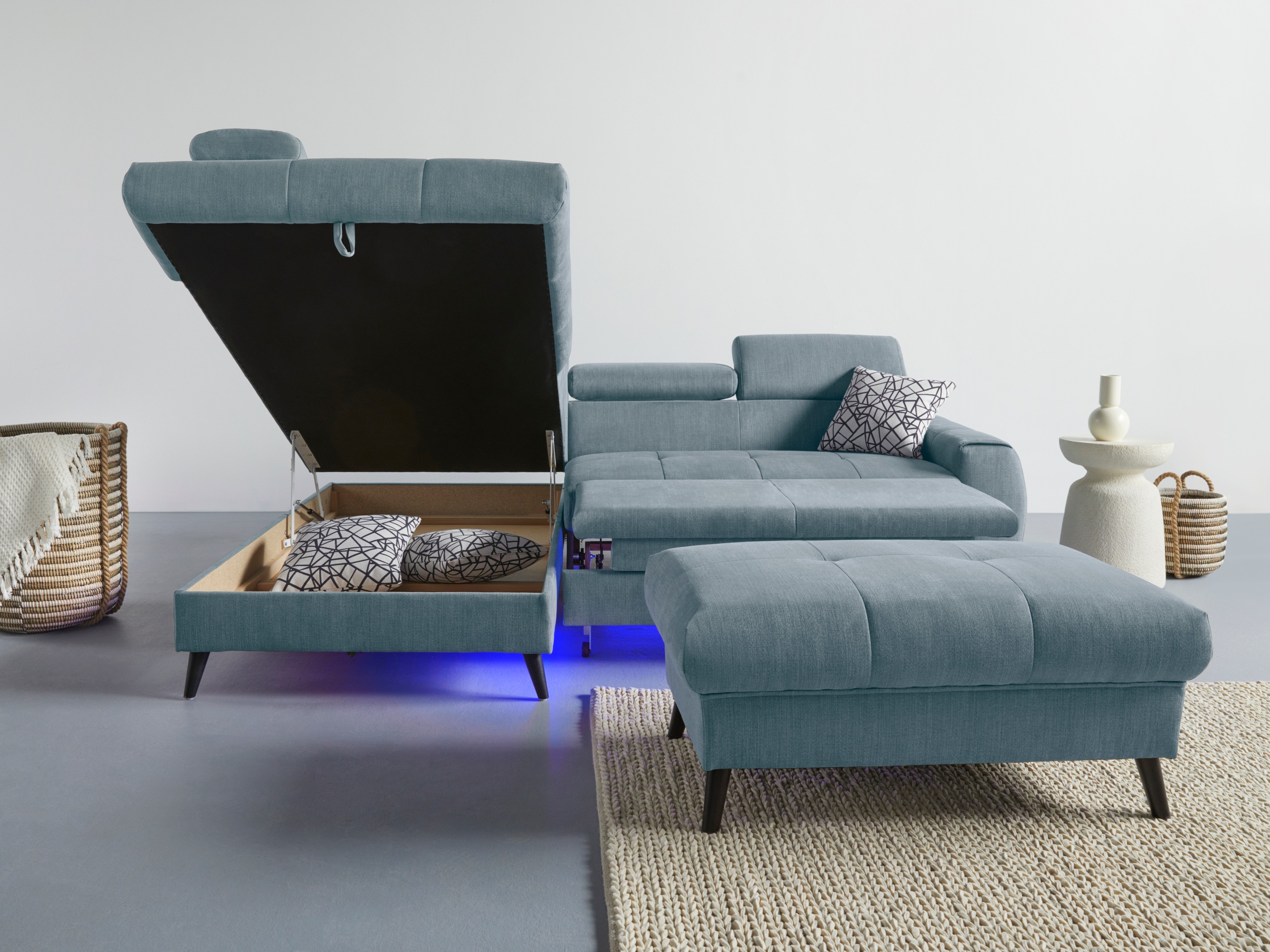 COTTA Ecksofa »Mia L-Form mit 3 Zierkissen«, wahlweise mit Bettfunktion, Bettkasten, Beleuchtung & Wireless-Charger