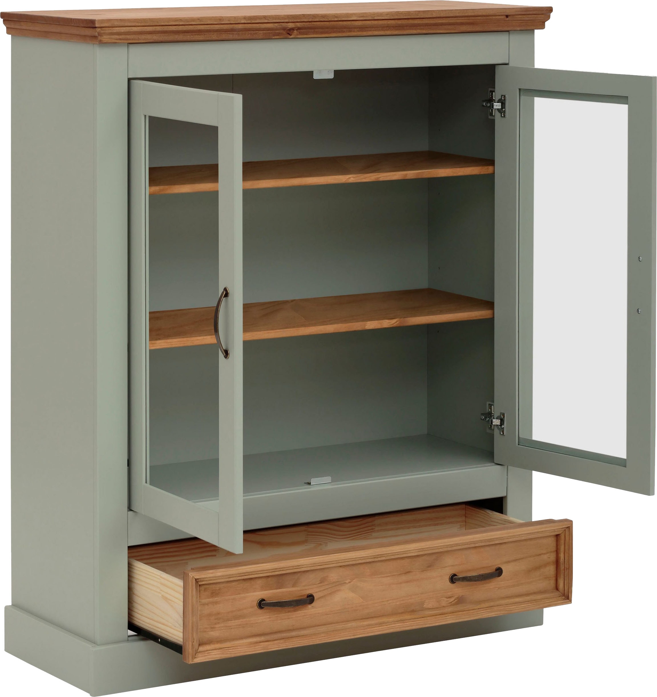 Home affaire Vitrine »Selma Highboard«, aus massivem Kiefernholz, mit Griffen aus antikisiertem Metall