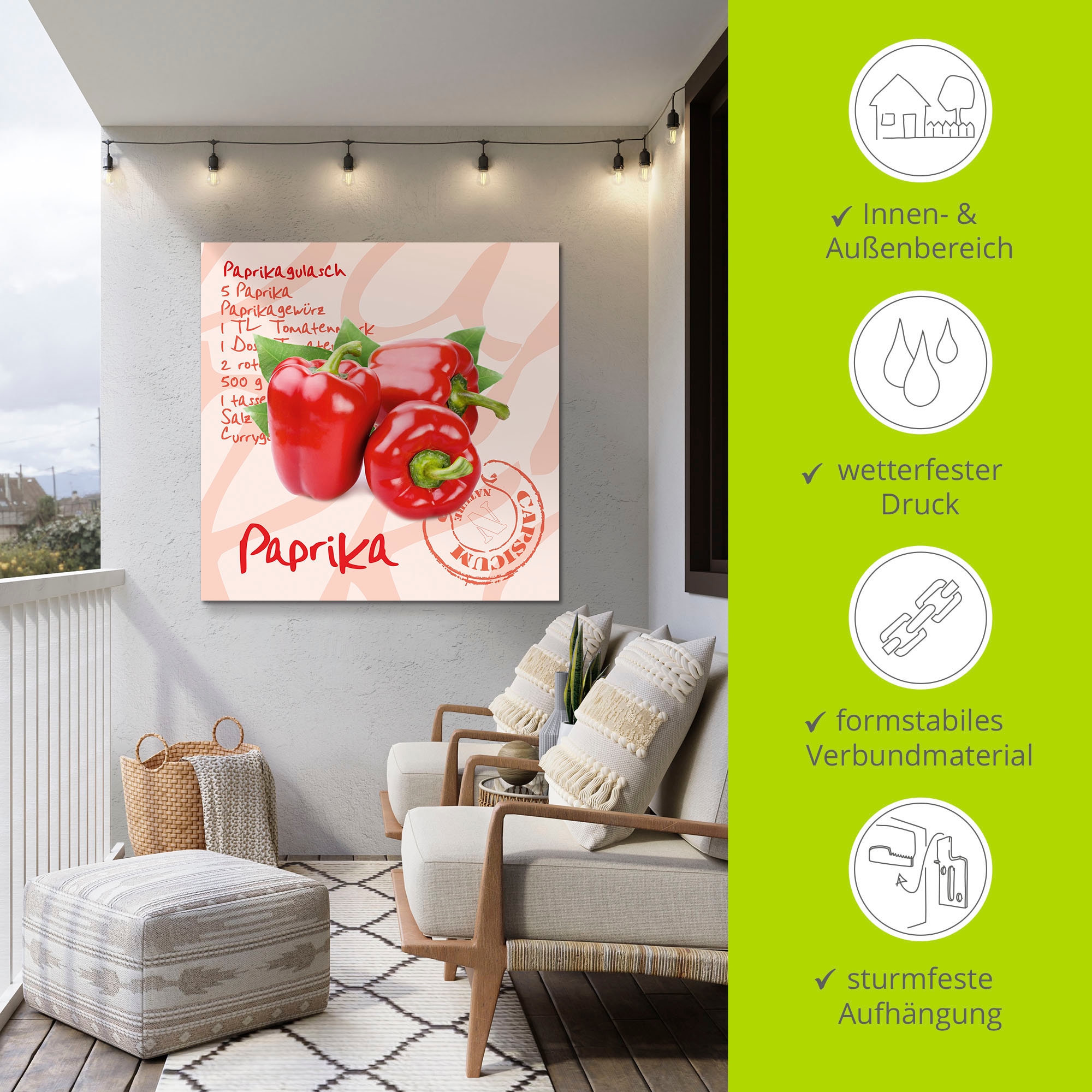 Artland Alu-Dibond-Druck »Paprika liegt auf weißen Untergrund«, Lebensmittel, (1 St.), für Innen- und Außenbereich geeignet, Outdoorbild
