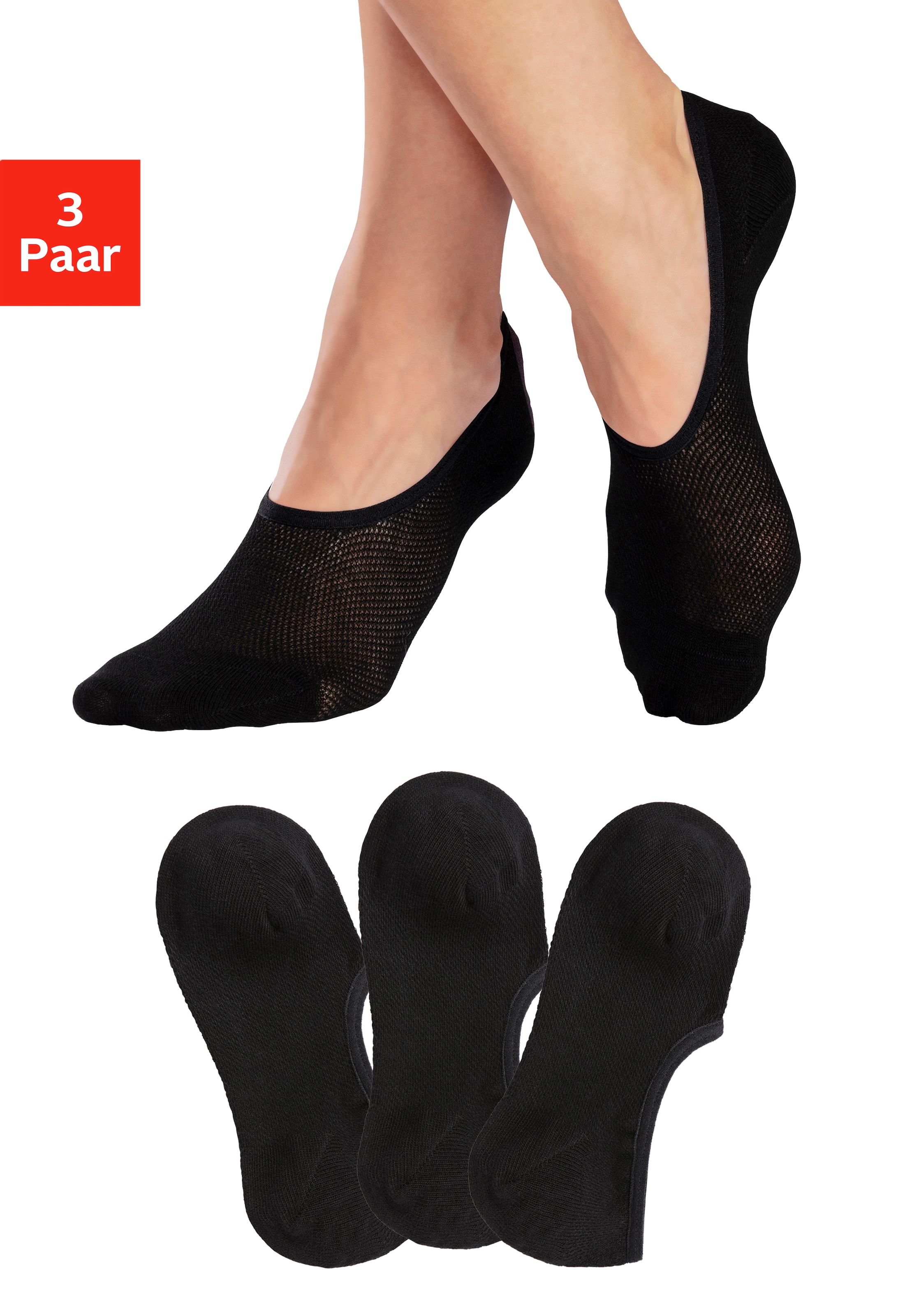 LASCANA ACTIVE Füßlinge "Damen Ballerina Socken Rutschfest, Atmungsaktiv" Packung, 3 Stk. tlg. mit Pikee Struktur unsichtbare Sneaker Socken