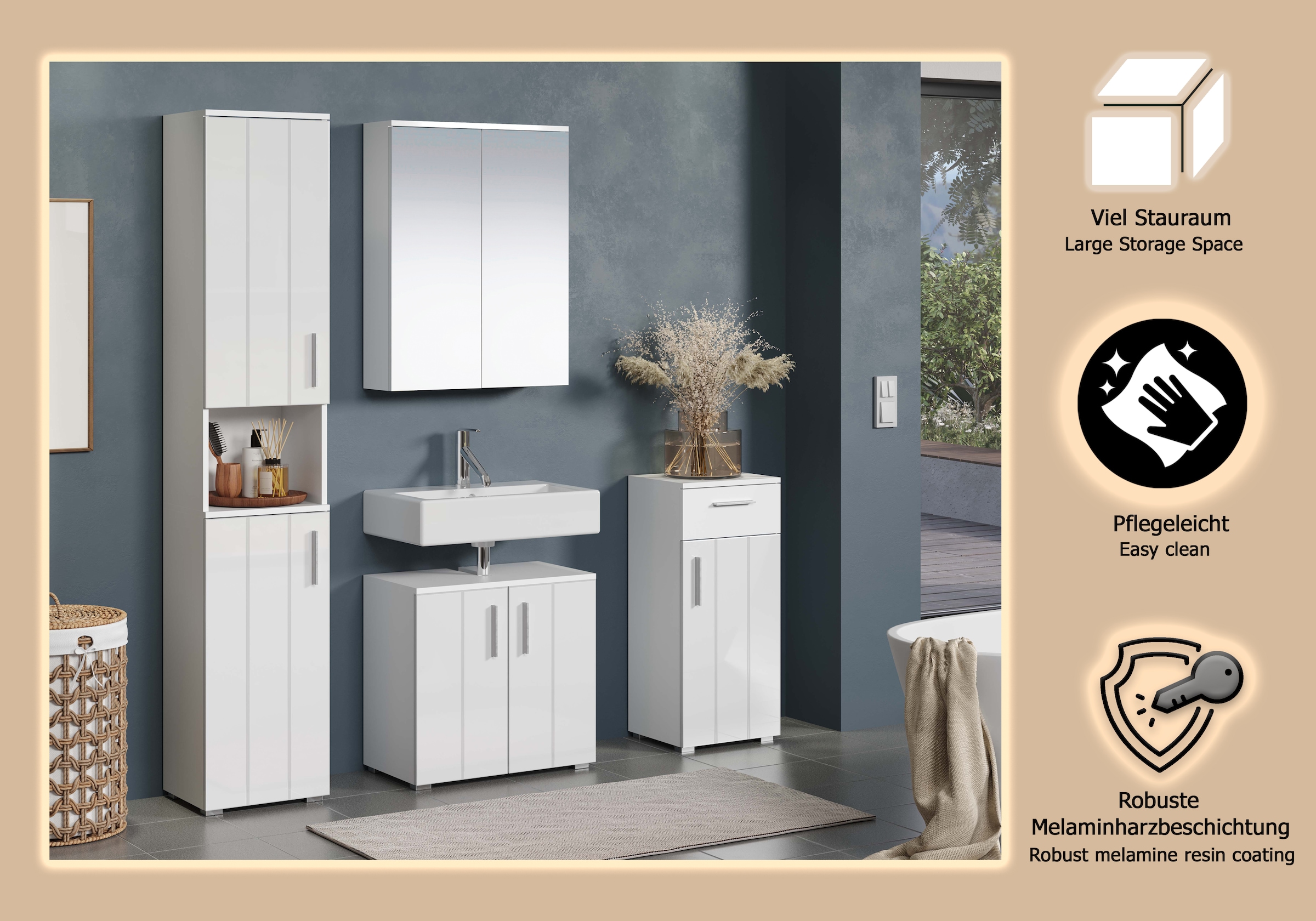 welltime Badezimmer-Set »Prag«, (Set, 4 St.), Komplettset bestehend aus: Hochschrank, Spiegelschrank, Standschrank