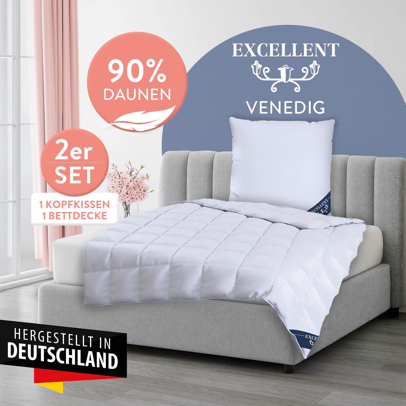 Excellent Daunenbettdecke + 3-Kammer-Kopfkissen »Venedig, 2-tlg, hergestellt in Deutschland, verschiedene Größen« Decke mit Kissen,Set, Sommer, Winter, Bettdecke 135x200 cm, 155x220 cm