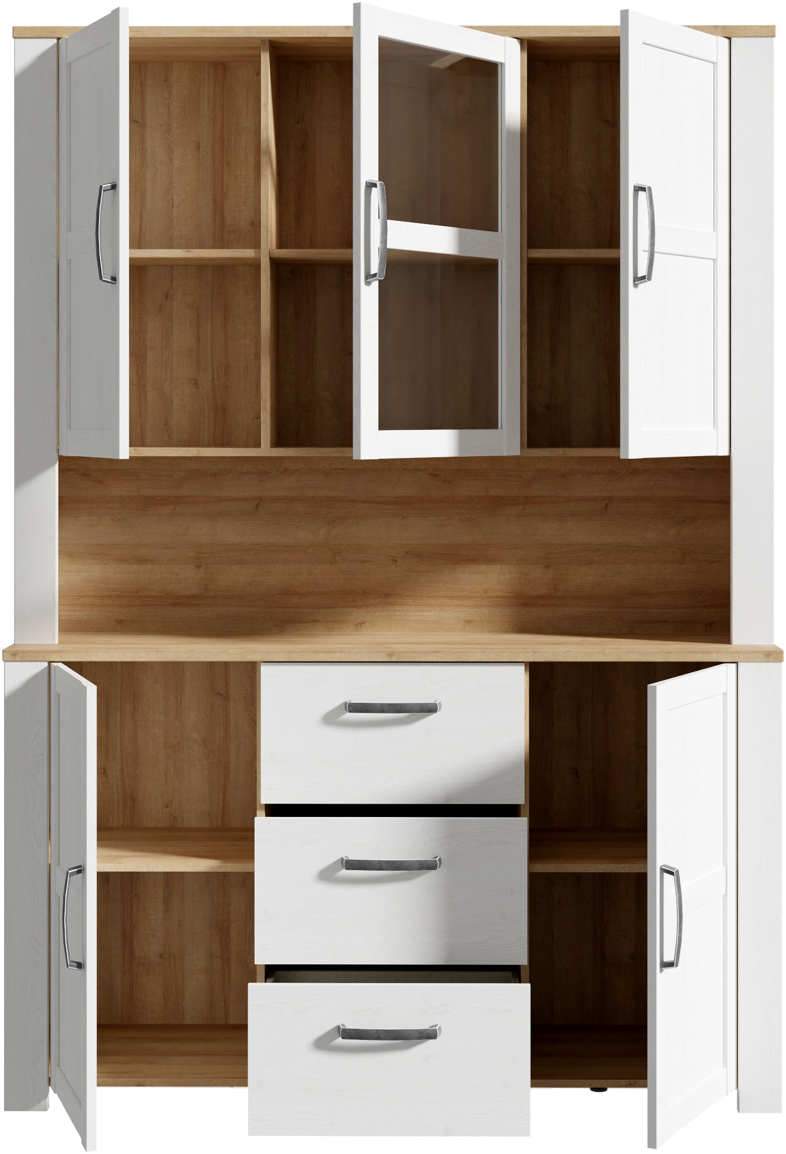 FORTE Buffet »Bohol, großes Highboard,4Türen, 1 Glastüre, 3 Schubkästen« B/H/T 146,1/205,4/42 cm, sehr viel Stauraum