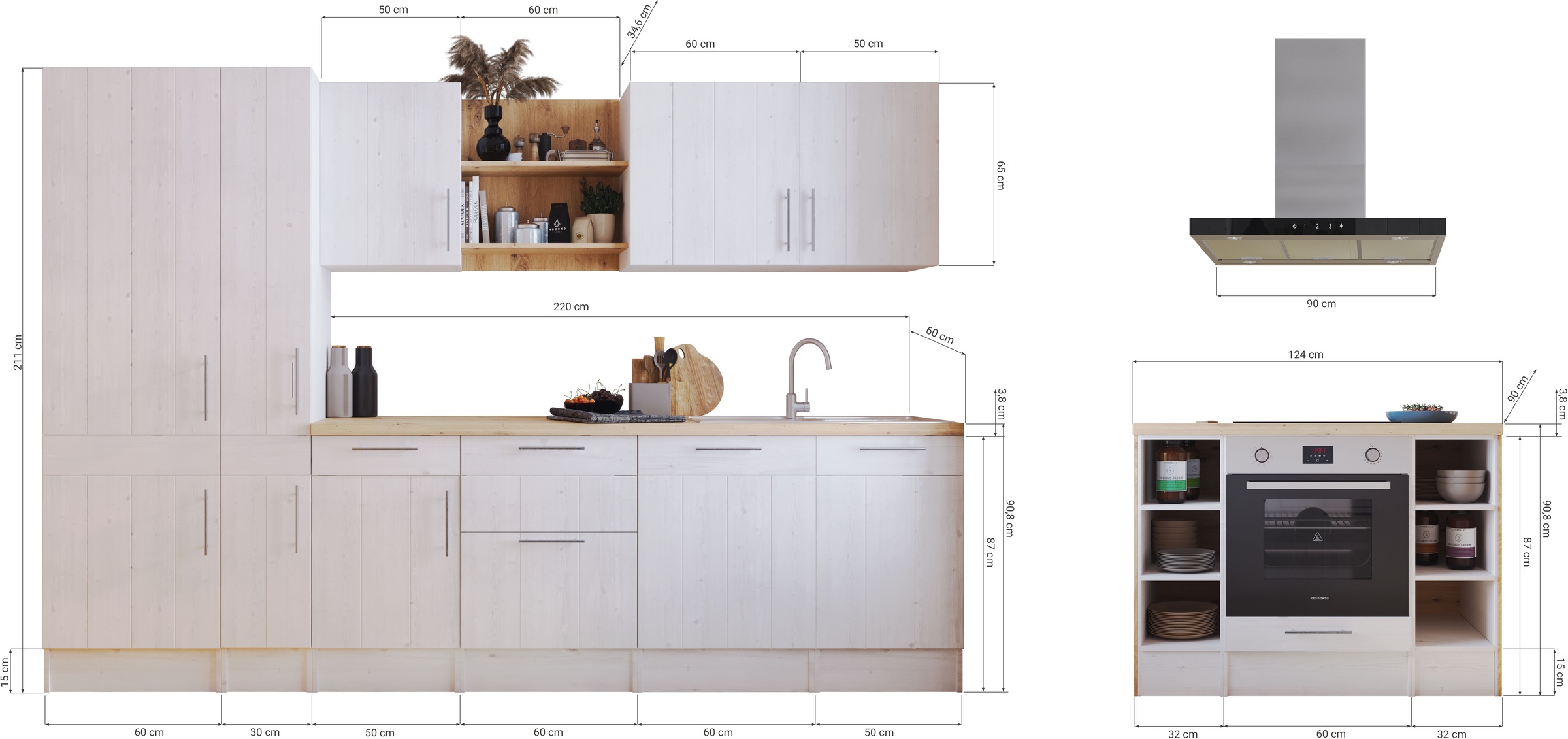RESPEKTA Küchenzeile »Anton« Breite 310 cm, 91 cm Arbeitshöhe, in exklusiver Konfiguration für OTTO