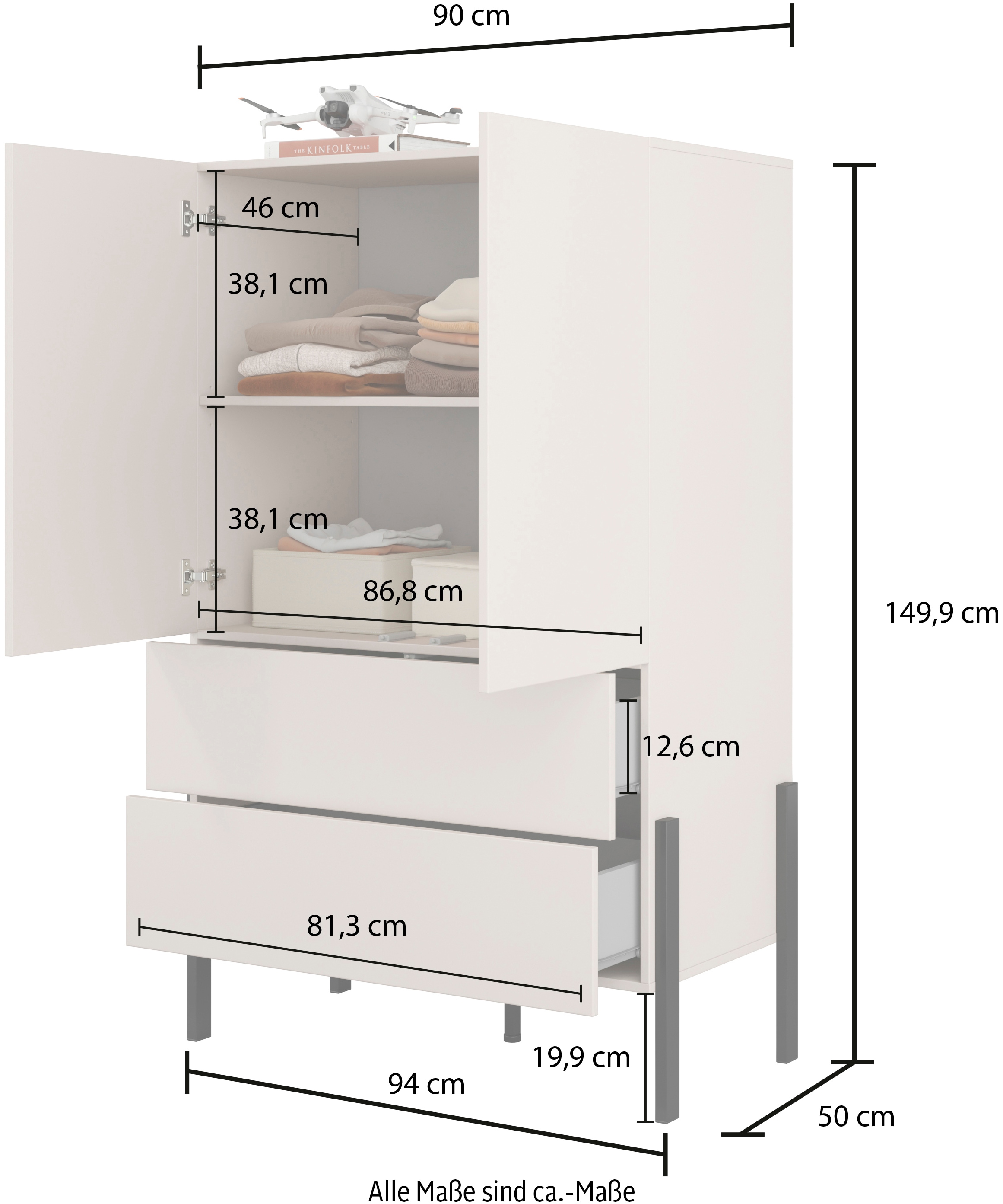 Home affaire Wäscheschrank »Jukon, moderner griffloser Kleiderschrank, Metallfüsse, Made in Europe«, (90x150x50, ideal für kleine Räume oder Nischen), Mehrzweckschrank,2 Schubladen, 2 Türen, FSC-zertifiziert