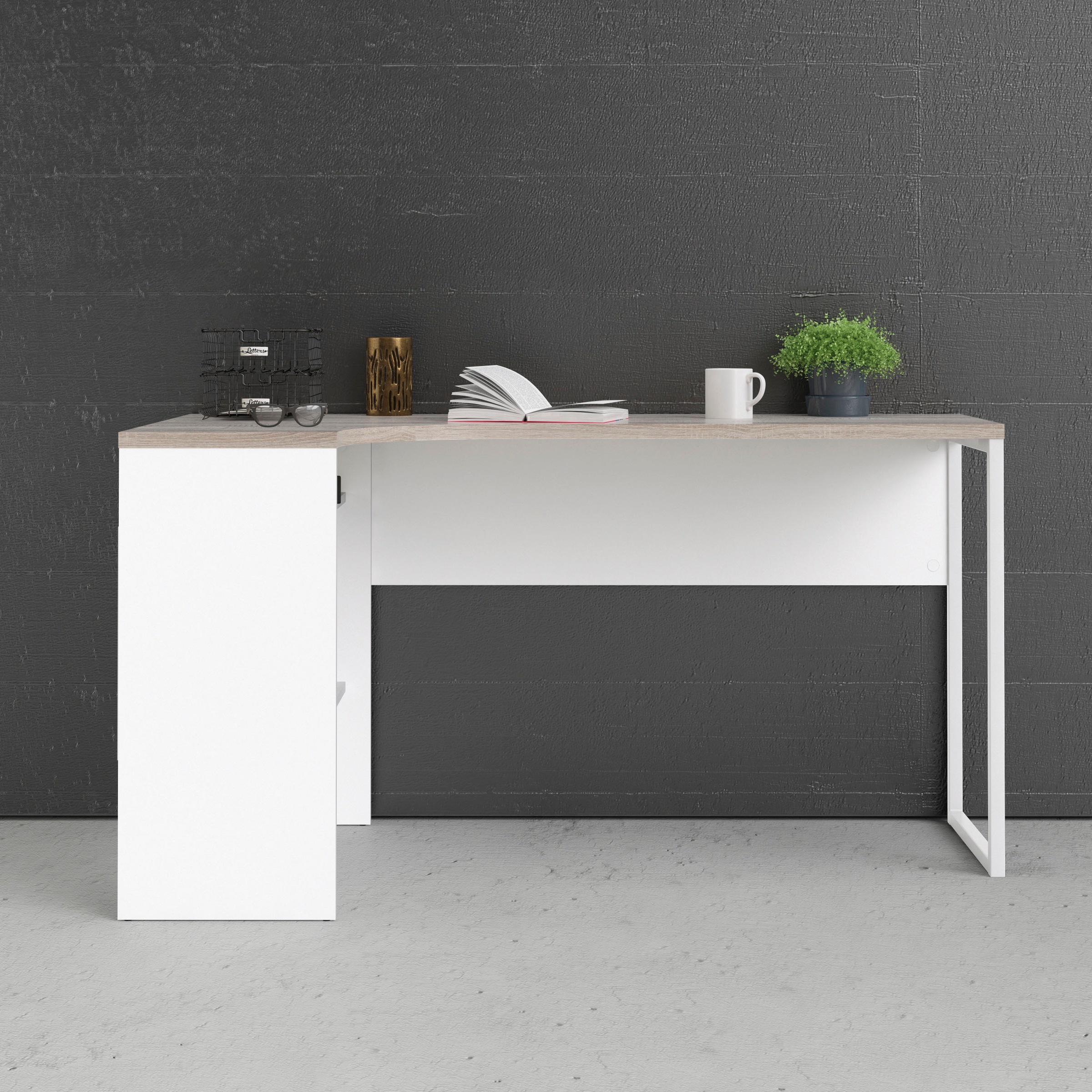 Function Plus Corner Desk with 2 Drawers, White/Oak