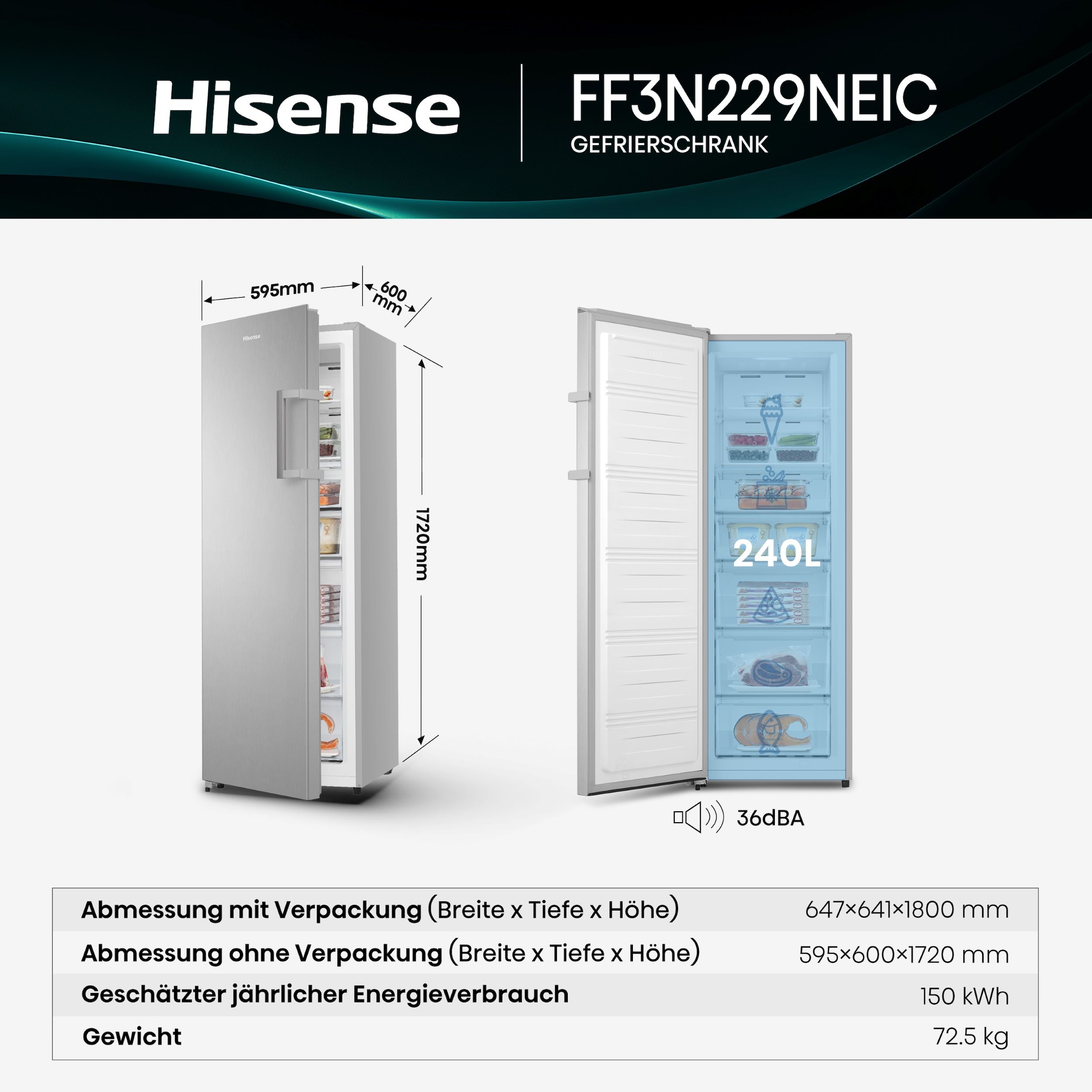 Hisense Gefrierschrank »FF3N229NEIC« 172 cm hoch 59,5 cm breit LED Display
