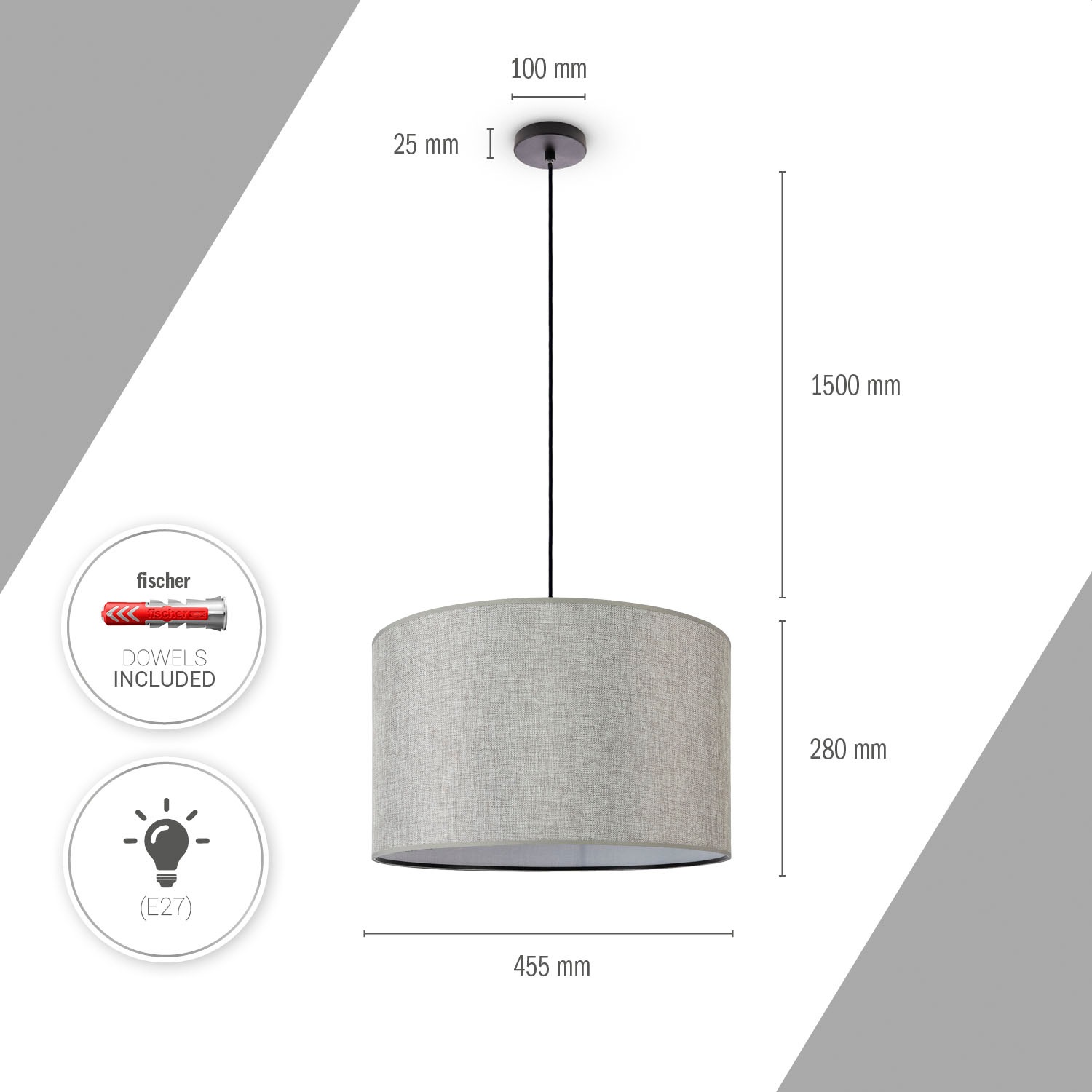 Paco Home Pendelleuchte »HUGO CANVAS UNI COLOR«, Leuchtmittel E27 | ohne Leuchtmittel, Wohnzimmer Stoff Lampenschirm Skandinavisch Uni Pendelleuchte Modern