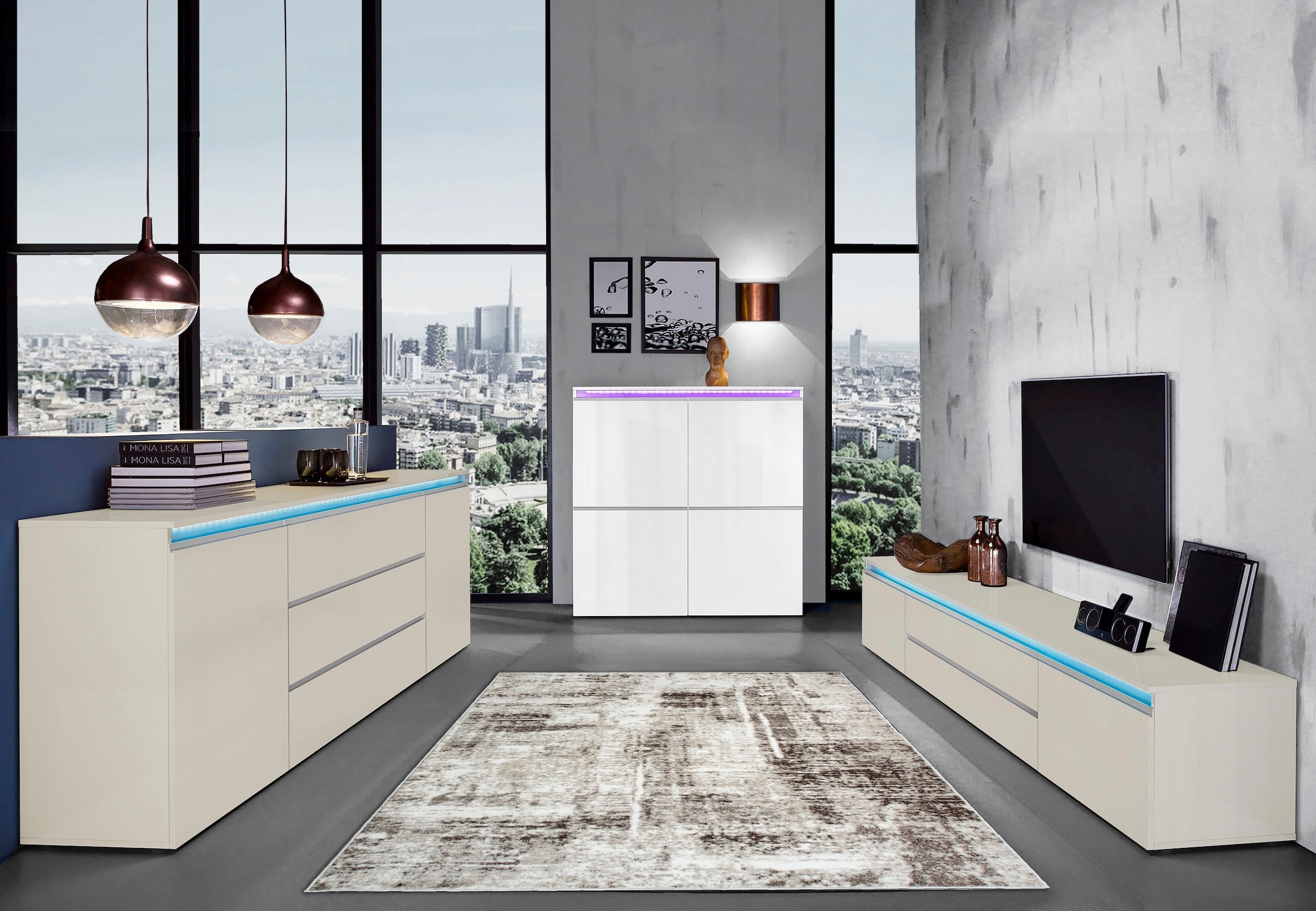 Home affaire Lowboard »Magic,Lowboard,TV-Kommode,TV-Möbel,TV-Bank« Alugriff, 2 Türen, 2 Schubkästen, B/T/H 240×40×40 cm, kaschmir matt