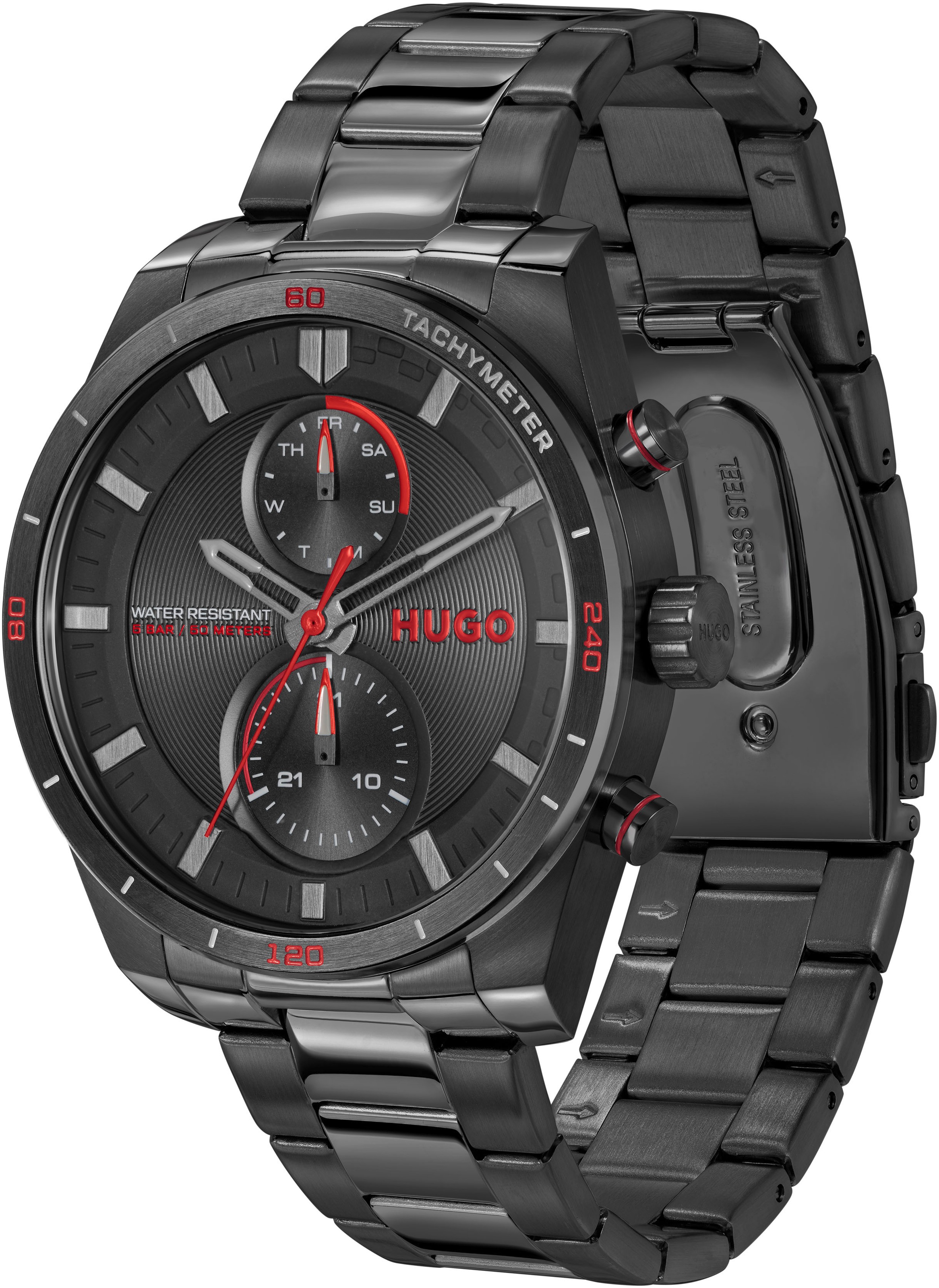 HUGO Multifunktionsuhr »#FAST«, Armbanduhr, Quarzuhr, Herrenuhr, Datum, Edelstahlarmband