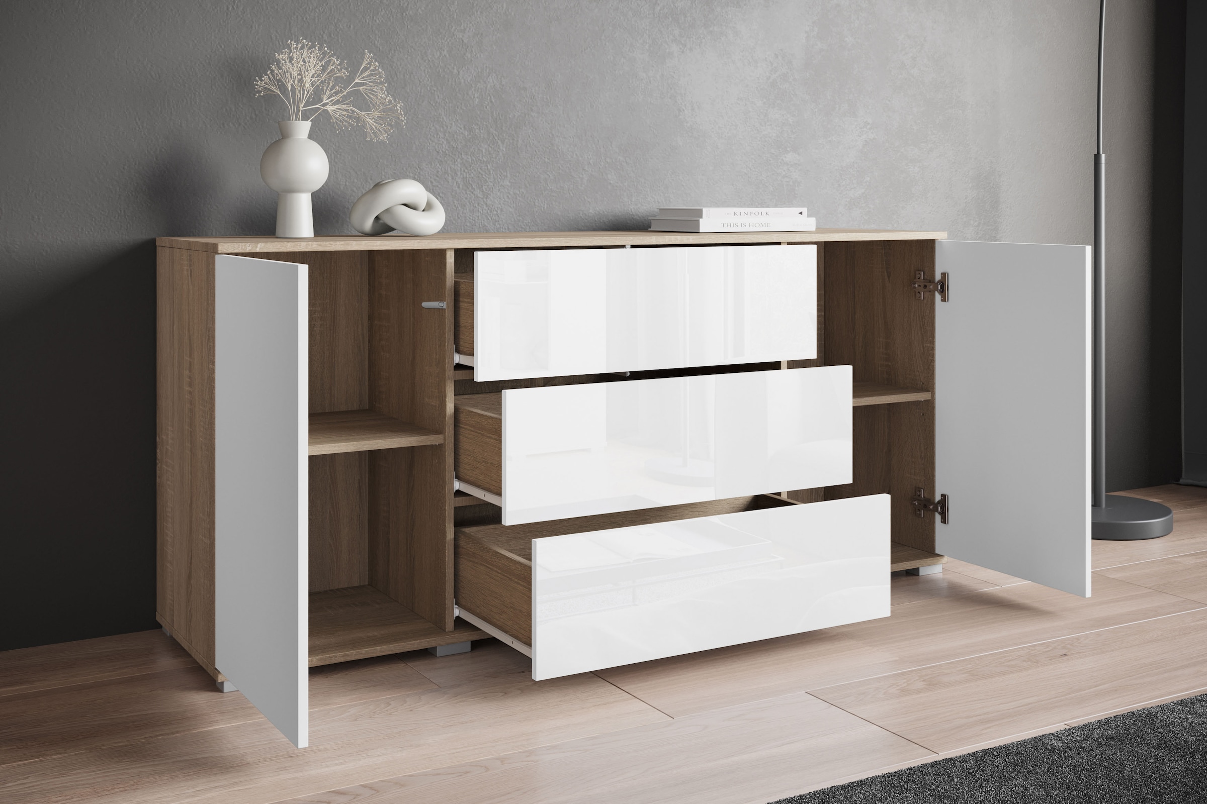 INOSIGN Sideboard »Kenia, Kommode für das Schlafzimmer/Wohnzimmer«, (1 St.), Modernes Sideboard mit 3 Schubladen und 4 Fächern, Breite 150 cm