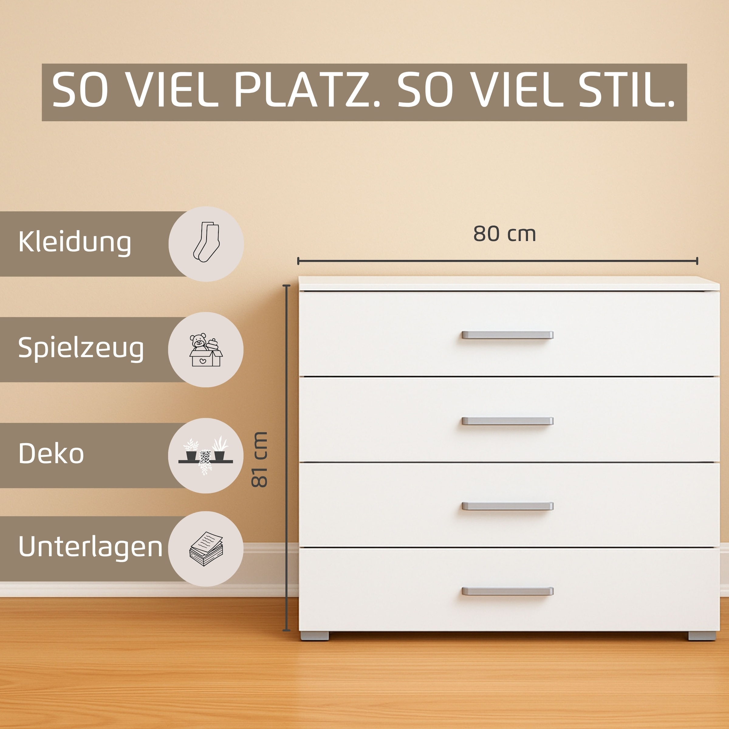 rauch Schubkastenkommode »Sideboard Kommode Schubkastenkommode KOLUNA mit Glasfront«, (Breite 80 cm), vier große und geräumige Schubladen mit viel Stauraum MADE IN GERMANY