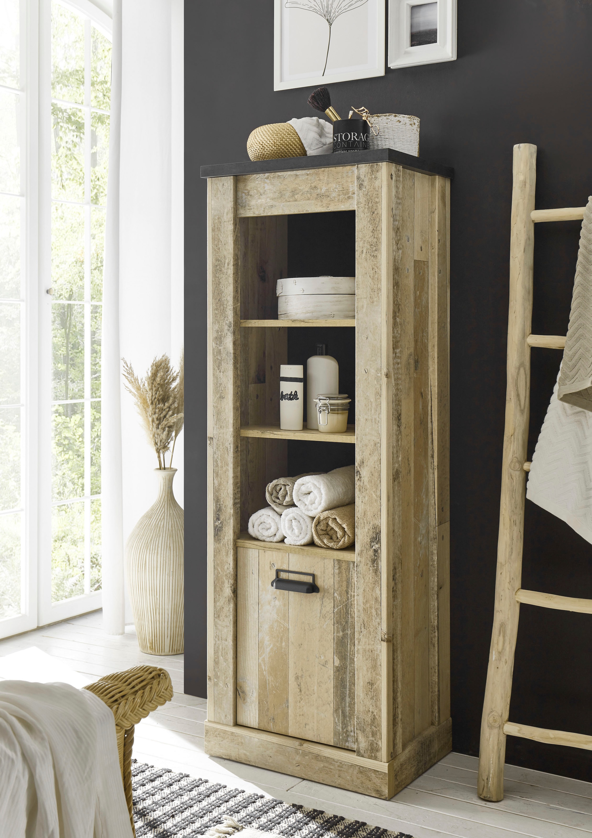 Home affaire Wäscheschrank »SHERWOOD Hochkommode Kommode Schrank«, in modernem Holz Dekor, mit Apothekergriffen aus Metall, Höhe 146 cm