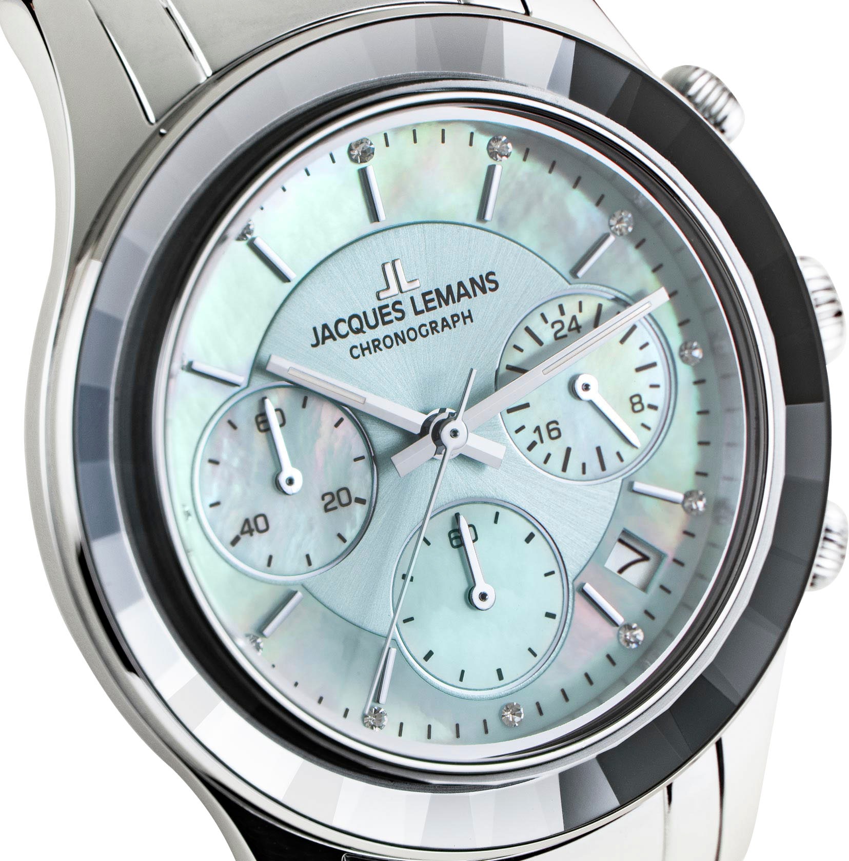 Jacques Lemans Chronograph »Venice«, Armbanduhr, Damenuhr, Edelstahlarmband, Stoppfunktion, Datum, Perlmutt