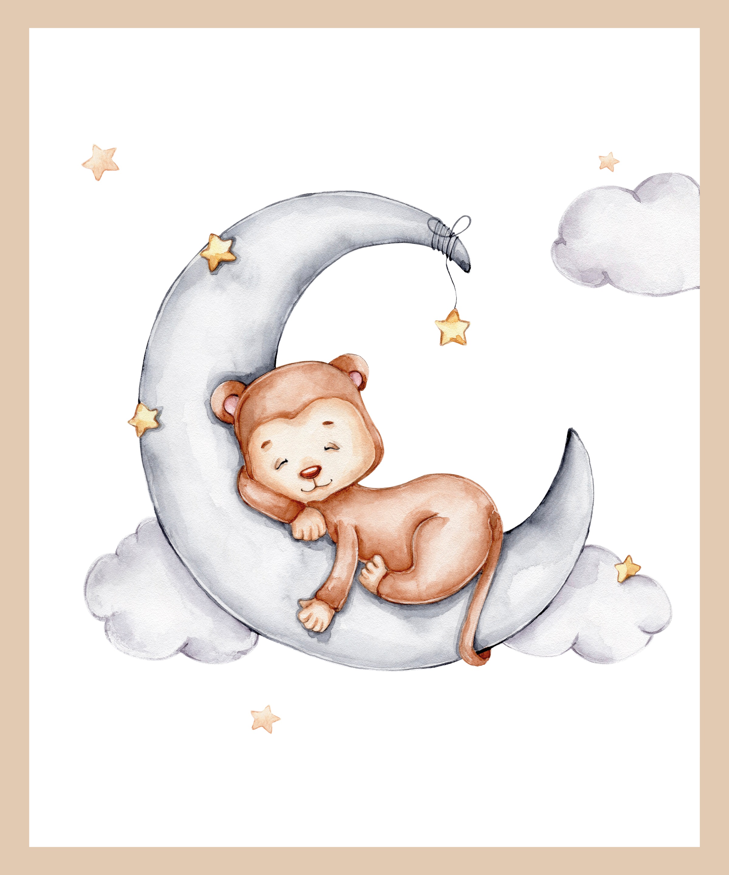 Lüttenhütt Bild mit Rahmen »Schlafender Affe auf Mond mit Sternen«, Affen-Affenbilder-Fantasy-Tiere, (1 St.), Premium Rahmenbild, Motive in wunderschönen Pastelltönen