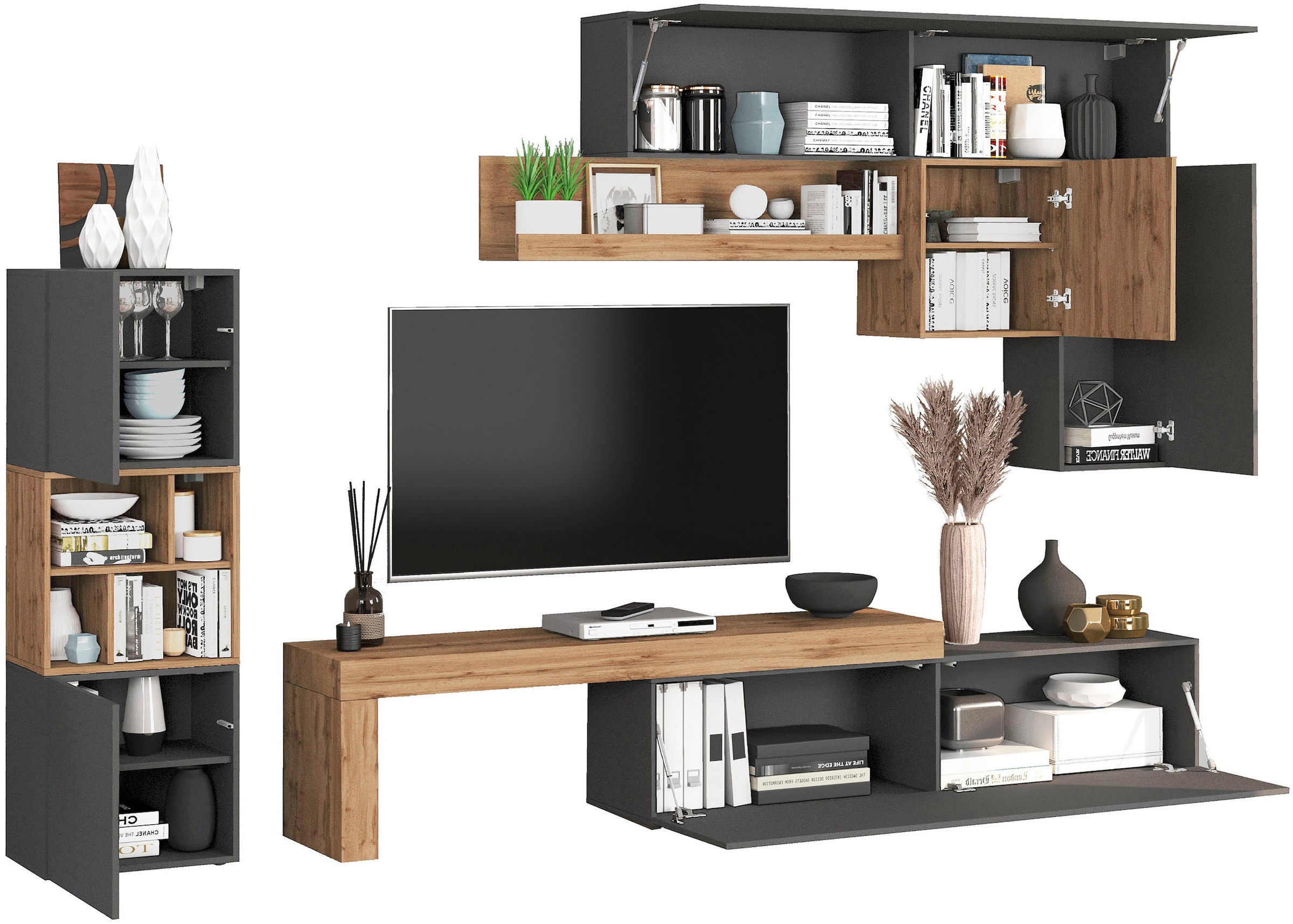 INOSIGN Wohnwand »Chronos Wohnwand, Medienwand, 8-er set«, (Set, 8 St.), ca. 320 cm mit Hängeschränke, Würfel, Regal, Lowboard, Made in Italy