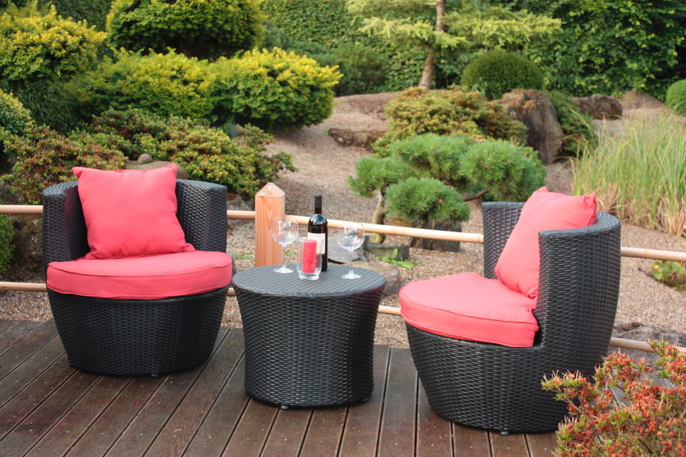 Garden Pleasure Balkonset, (Set, 3 tlg.), 2 Sessel, Tisch Ø 58 cm, Polyrattan