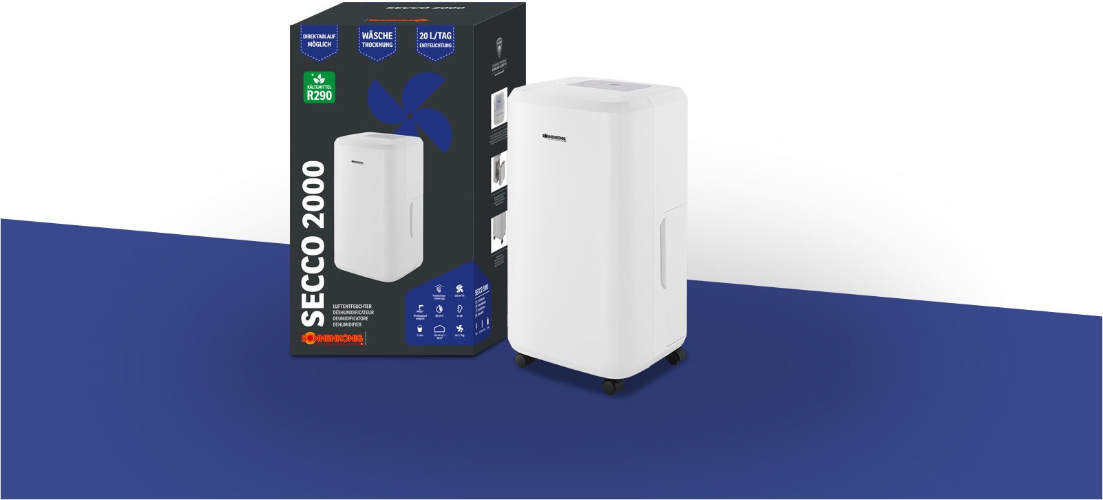 Sonnenkönig Luftentfeuchter »Secco 2000, Leistung 380W, 24h Timer, sehr leise, Feuchtigkeitssensor,«, 5L Wassertank, Wasserstand Indikator, 20L/24h