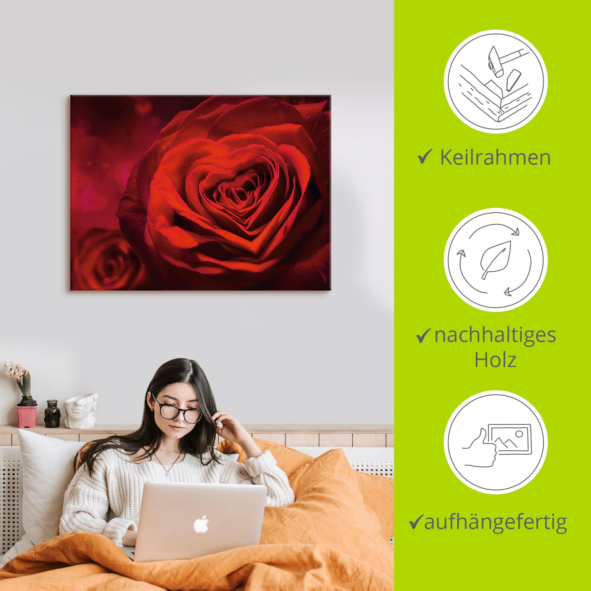 Artland Leinwandbild »Valentinseinladung mit Herzen und Rosen« Blumen 1 Stk. tlg. auf Holzrahmen gespannt