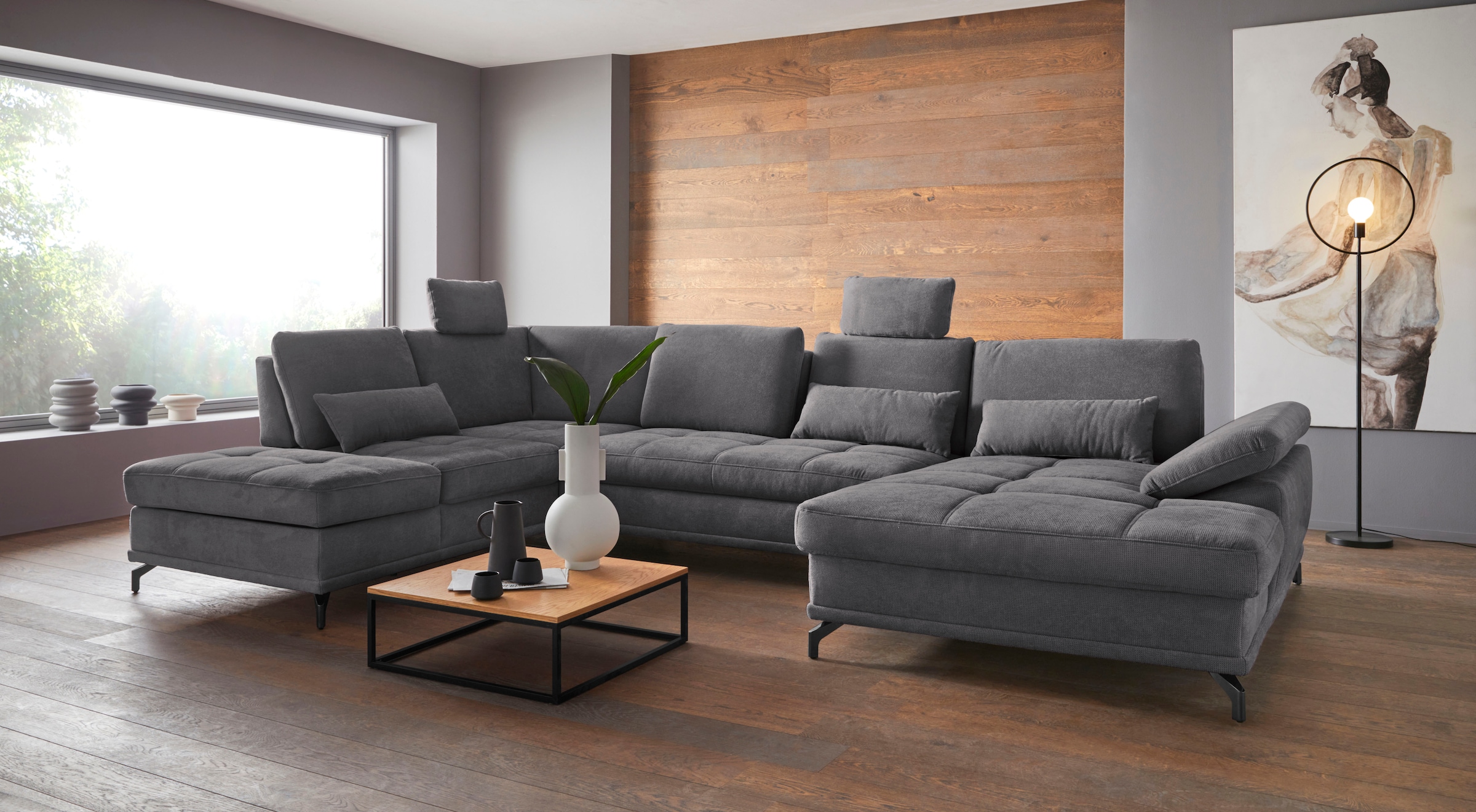 Places of Style Wohnlandschaft »Costello U-Form, mit Sitztiefenverstellung, Armteilverstellung und«, 3 Nierenkissen, optional Bettfunktion und Bettkasten
