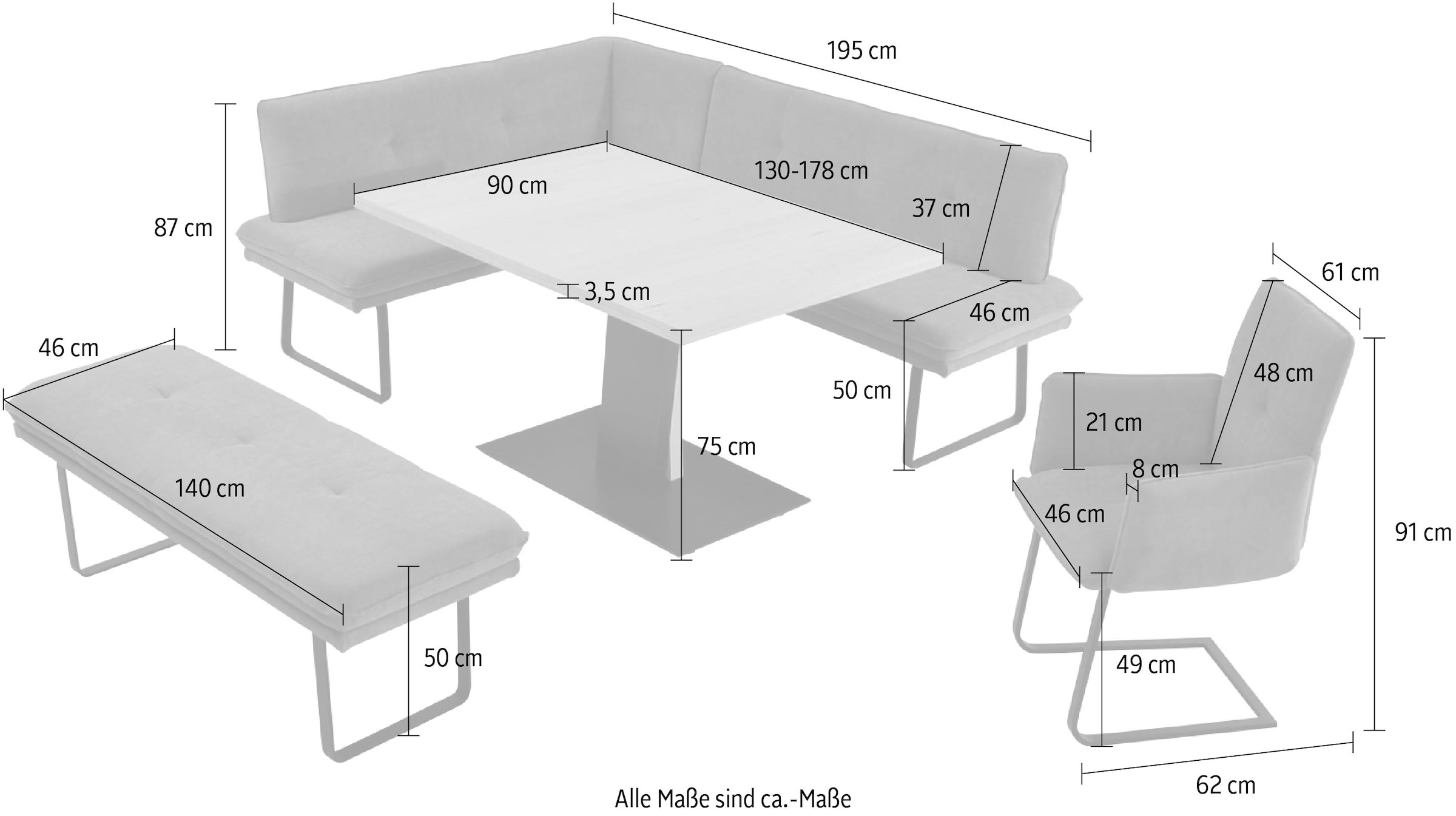 K+W Komfort & Wohnen Essgruppe »Giacomo III«, (4 tlg.), wahlweise links oder rechts langer Schenkel 207cm, Freischwingersessel