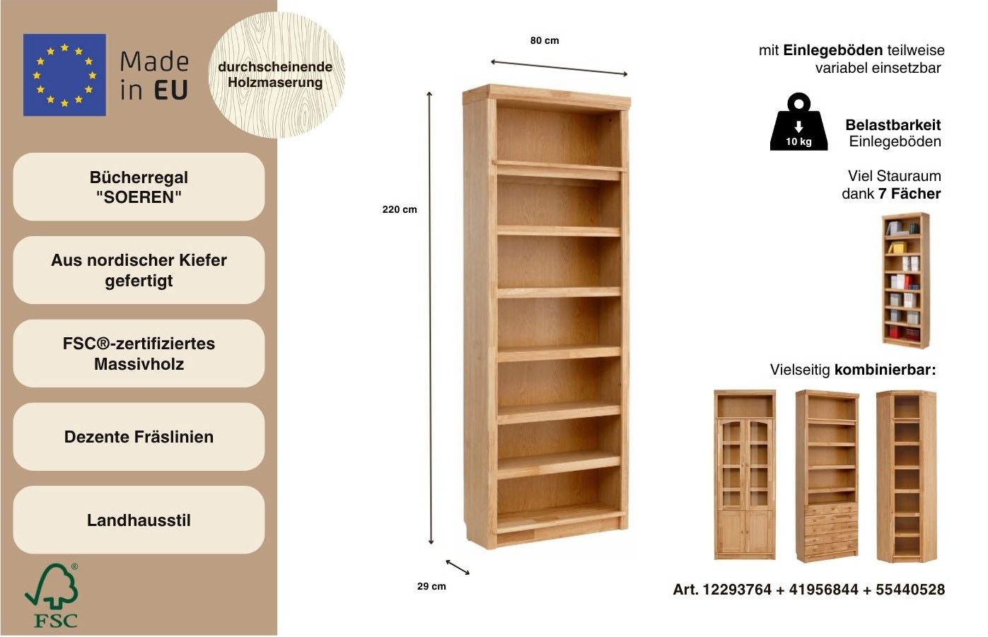 Home affaire Bücherregal »Soeren« aus massiver Kiefer, Tiefe 29 cm, Höhe 220 cm,  FSC®