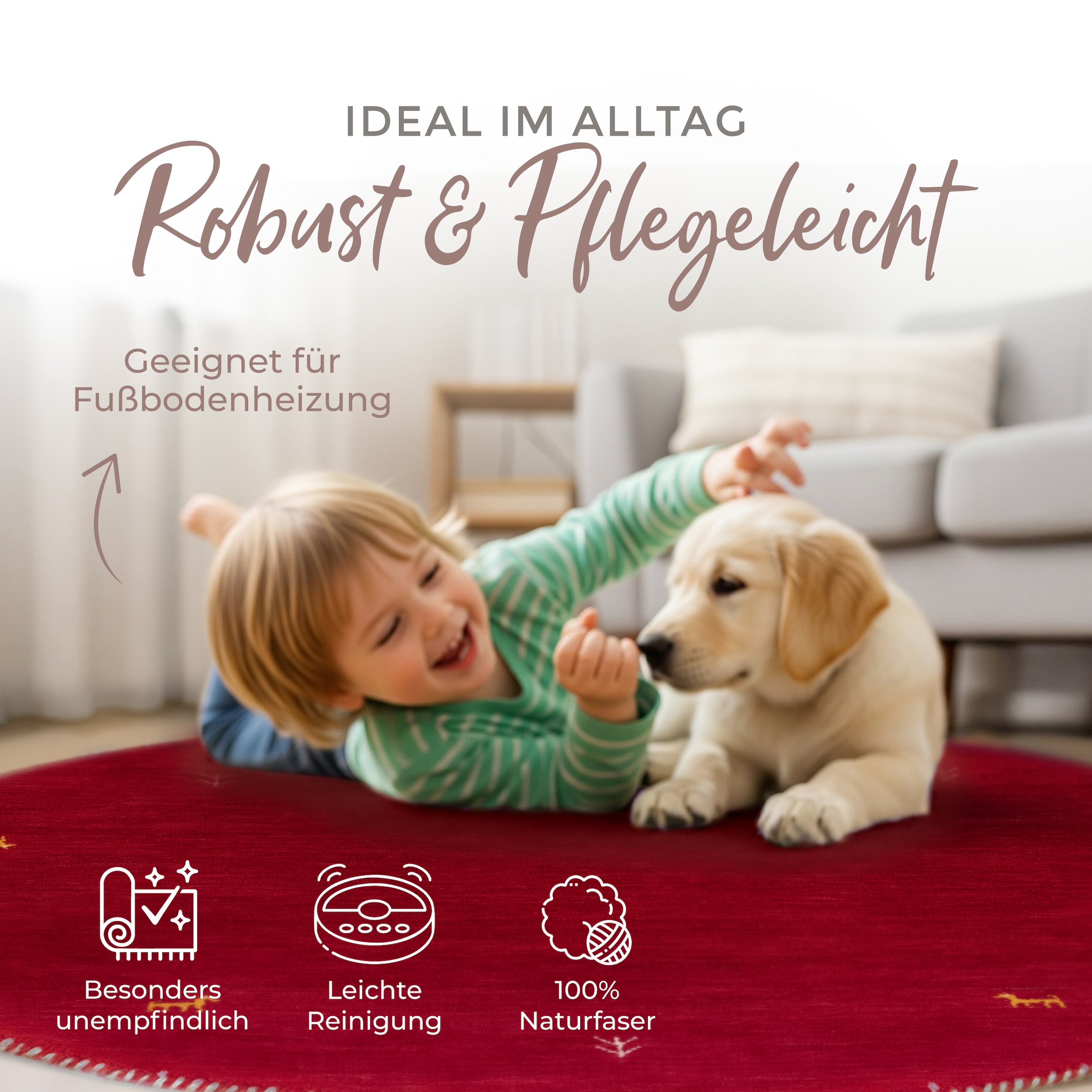 carpetfine Wollteppich »Gabbeh Uni« rund 15 mm Höhe reine Wolle handgewebt, Gabbeh Tiermotiv warmes Raumklima viele Größen