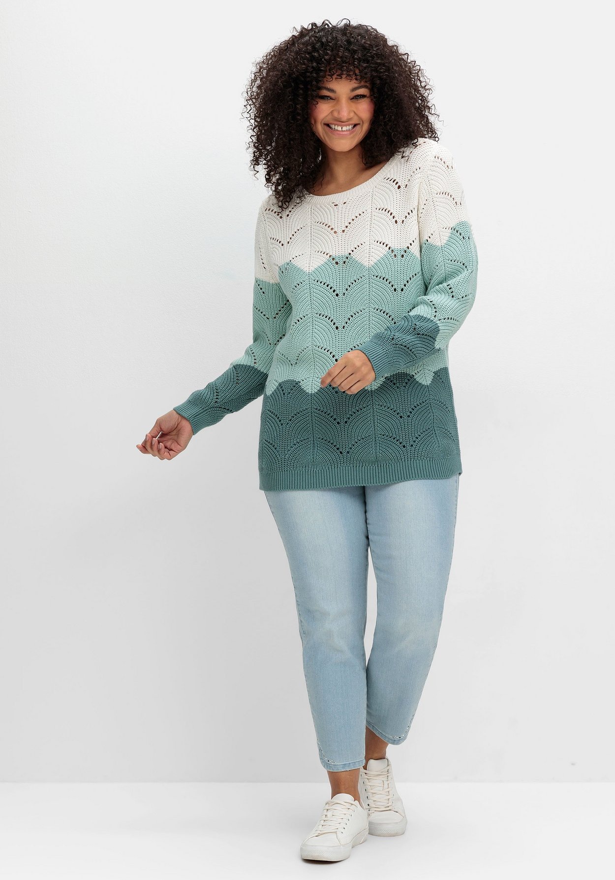 Sheego Rundhalspullover »Pullover im Ajourstrick, mit Colourblocking im Ajourstrick, mit Colourblocking«