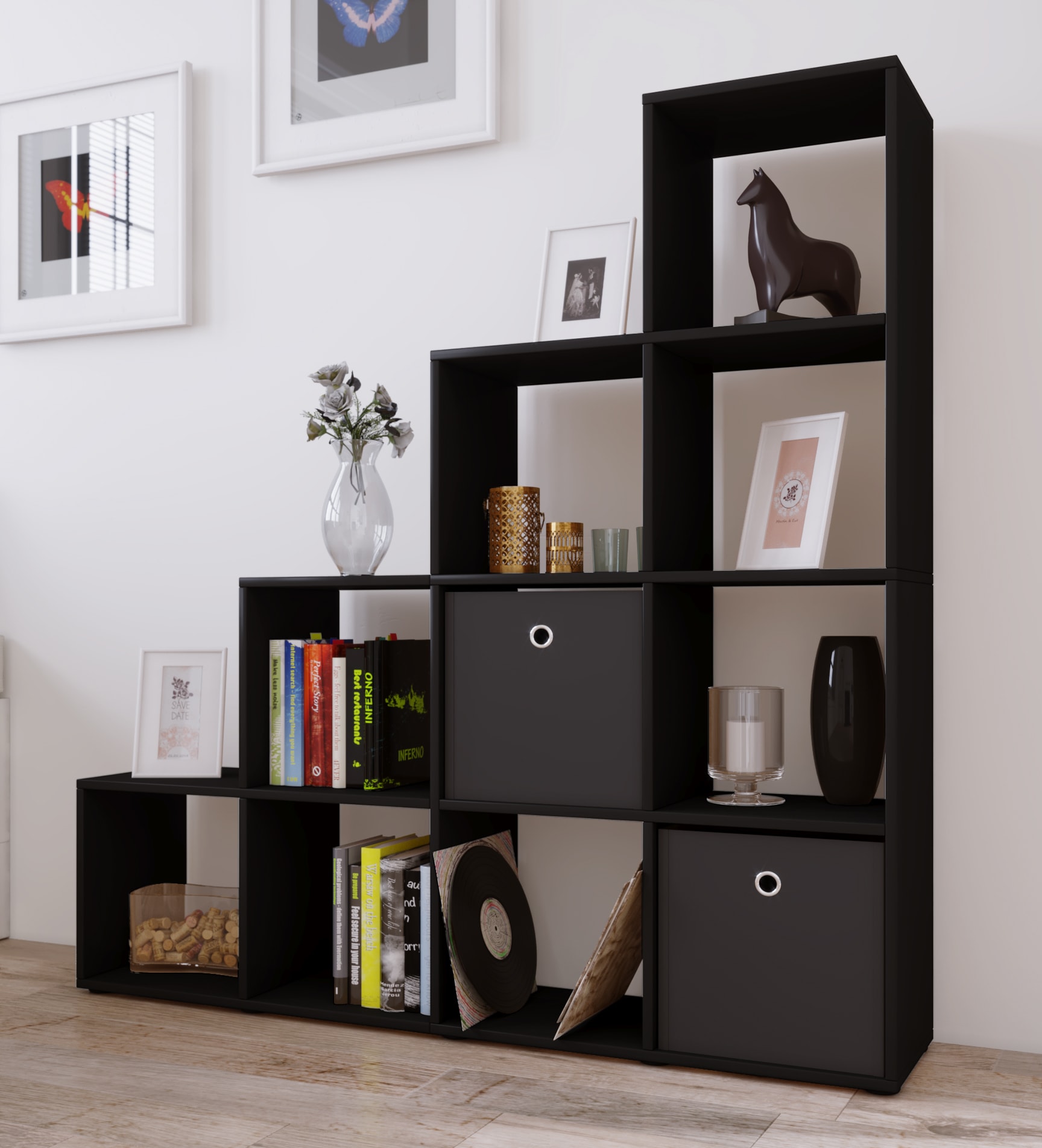 VCM Standregal »VCM Holzregal stehend | platzsparendes Regal | Maße: H. 139 x B. 143 x T. 29 cm | Elegantes Regal stehend | Aufbewahrungsregal | Bücherregal | Treppenregal - Napoli«