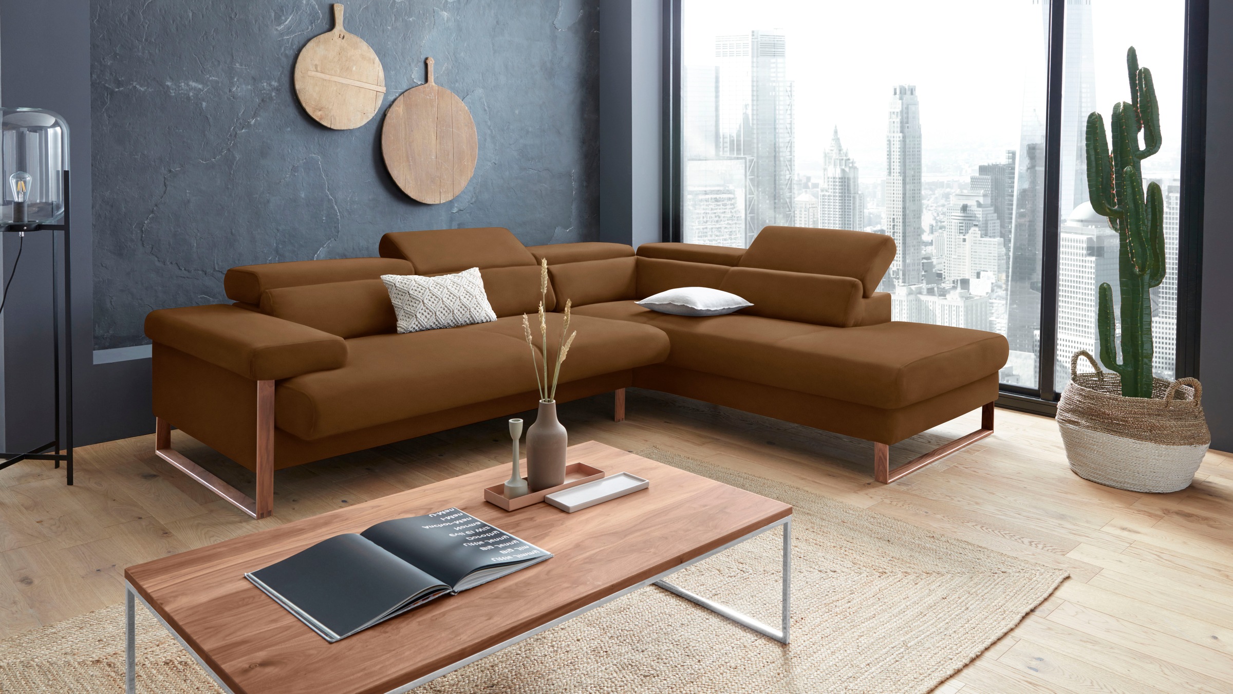 W.SCHILLIG Ecksofa »finn, Designsofa mit tollem Sitzkomfort, bequem, L-Form«, German Design Award 2016, Fußgestell Nussbaum natur, Breite 281 cm
