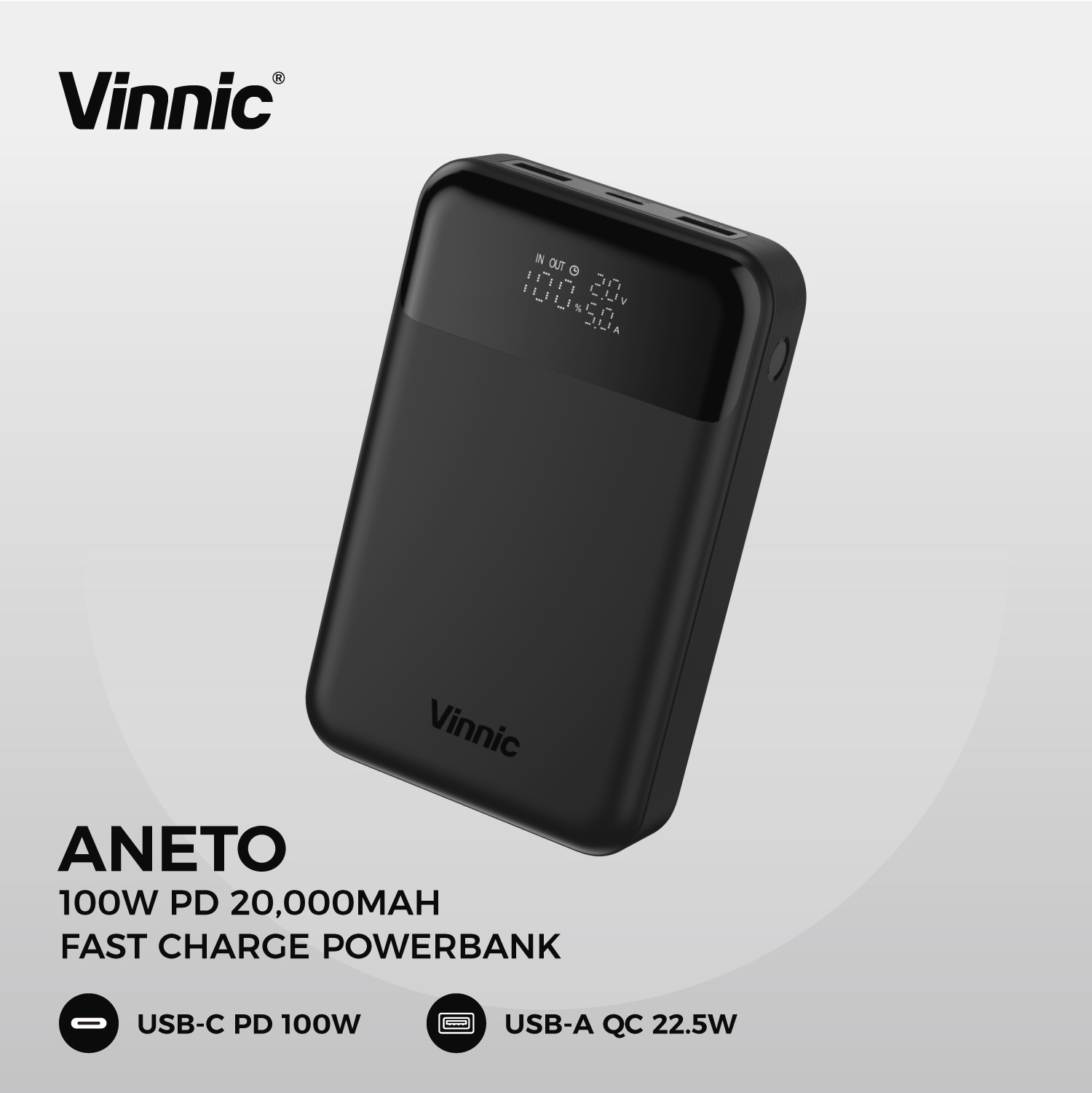 Vinnic Powerbank »ANETO 20.000 mAh 100W«, Vinnic ANETO 100W 20.000mAh Powerbank, Black, 20000 mAh