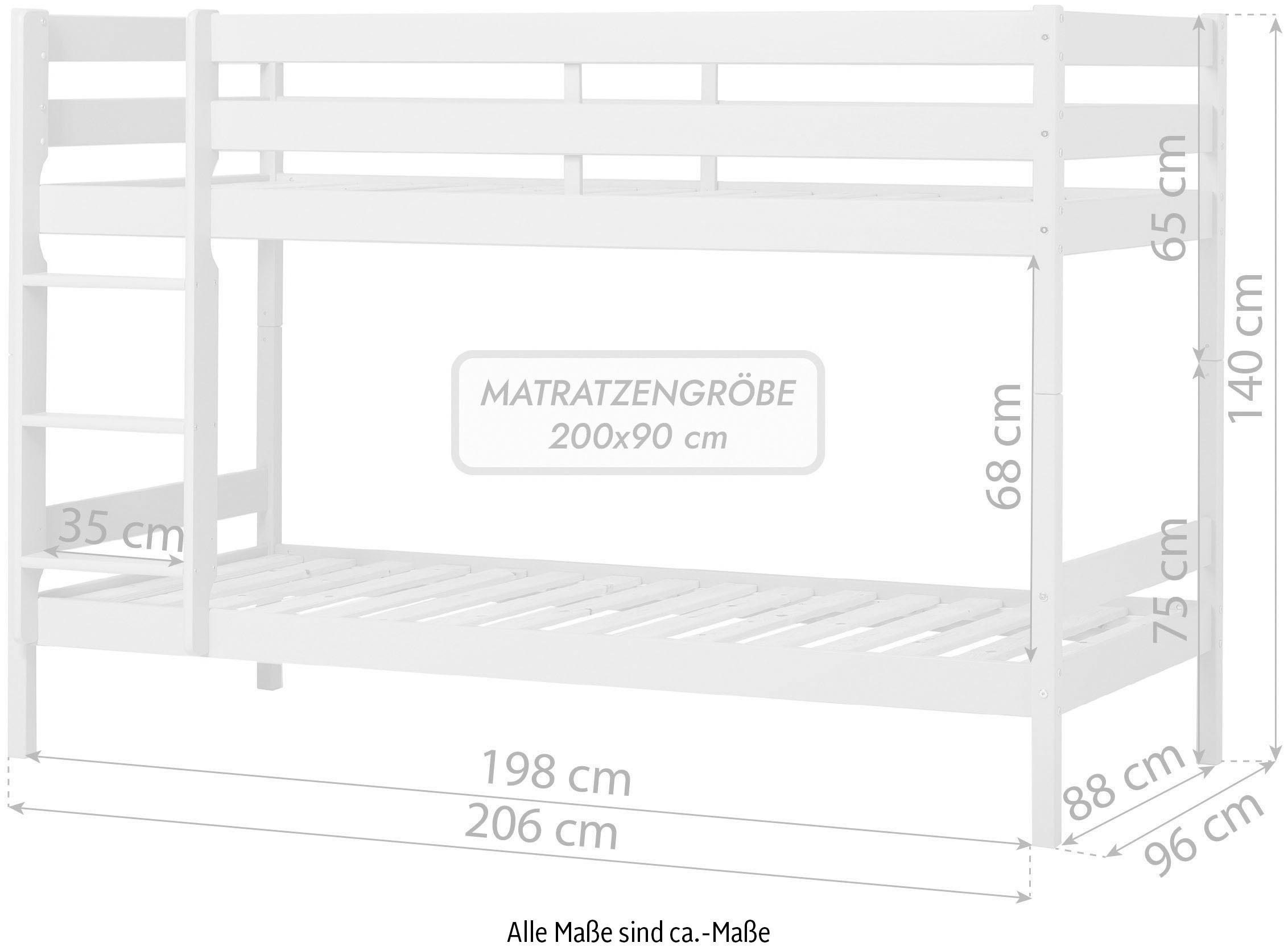 Hoppekids Etagenbett »ECO Comfort Kinderbett 90x200 oder 70x160 aus Massivholz in 4 Farben«, TÜV, FSC und Nordisches Umweltzeichen – wahlweise mit Matratzen