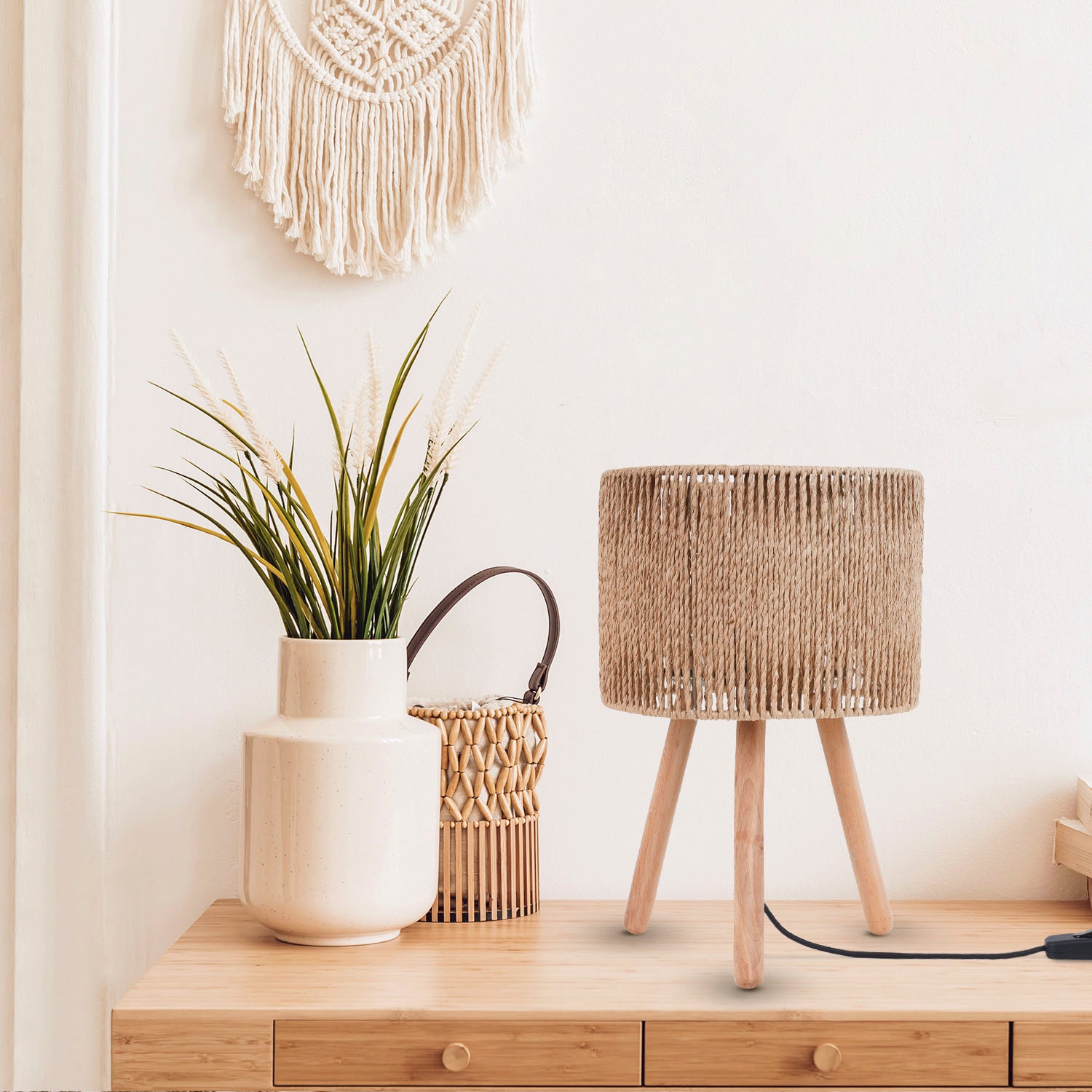 Paco Home Tischleuchte »PITA« E27 Nacht Schreib Lampenschirm Boho Holz Stativ E27