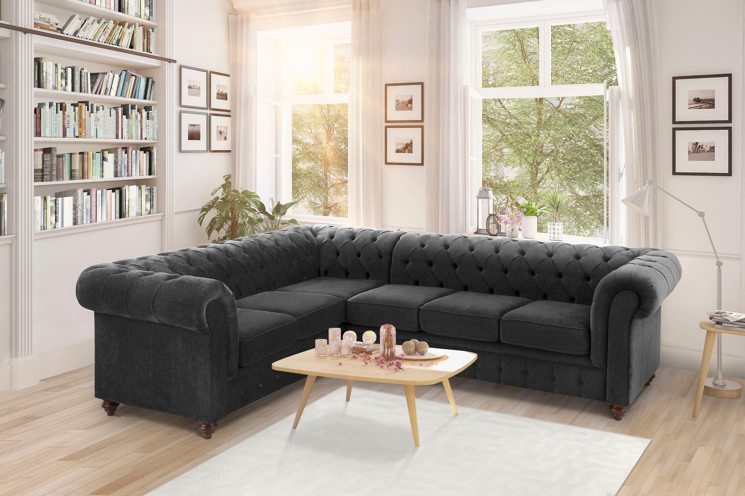 Home affaire Chesterfield-Sofa »Duc Ecksofa L-Form«, hochwertige Knopfheftung im Rücken, Samtoptik mit changierender Optik