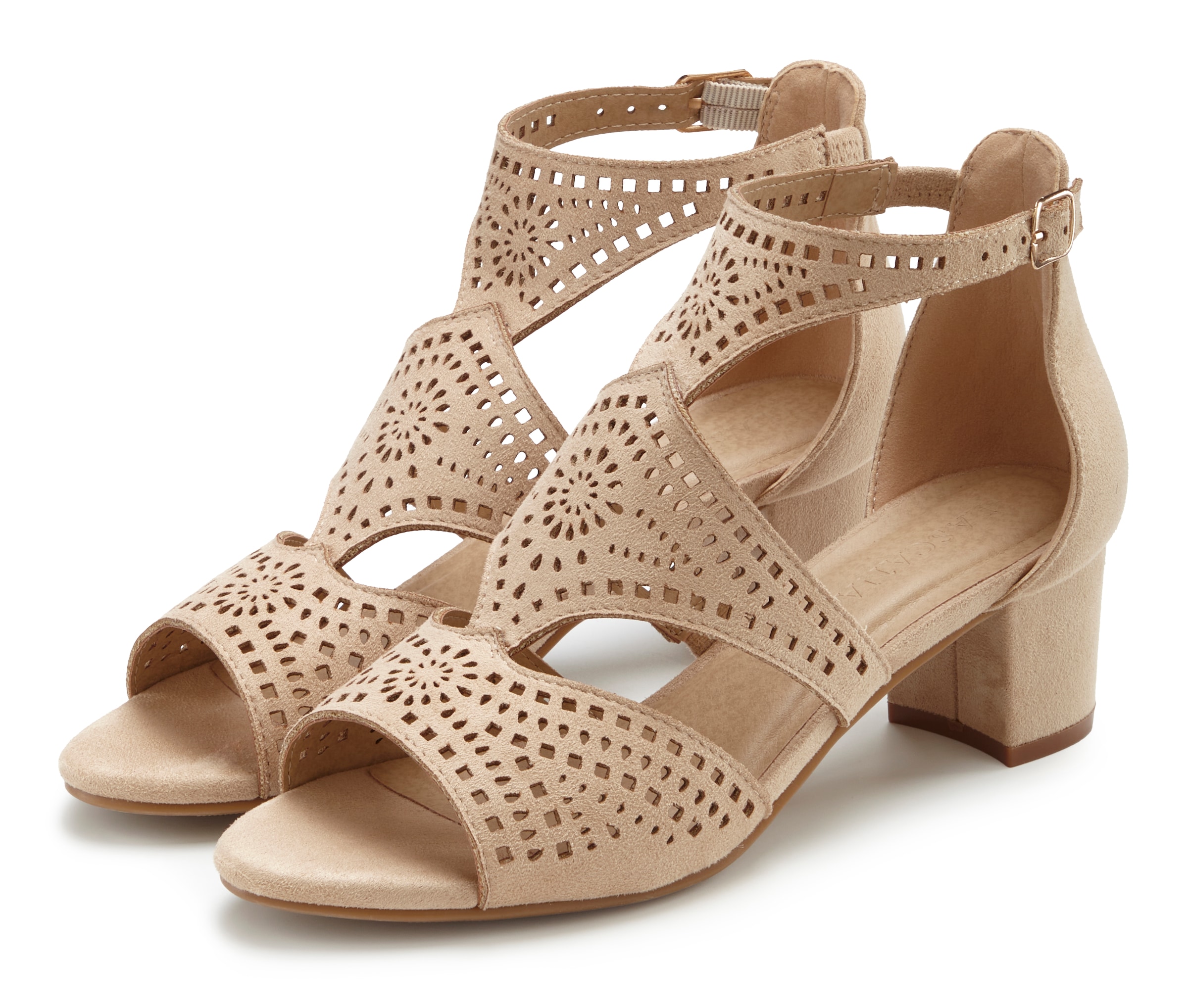 LASCANA Riemchensandalette »Sommerschuh,«  Sandalette, Sommerschuh mit Cut-Outs und bequemen Blockabsatz VEGAN