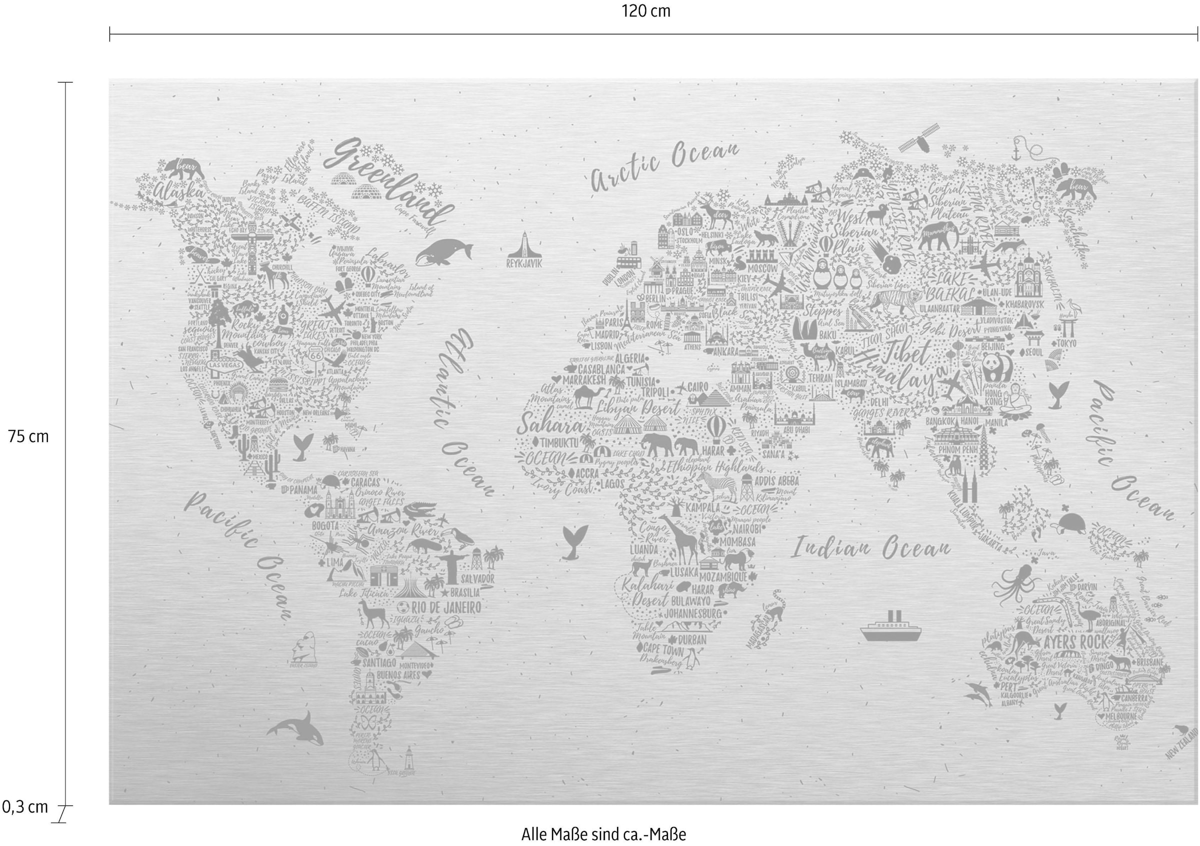 Wall-Art Metallbild »Weltkarte - Around the world«, Maße (B/T/H):  (120/0,3/75 cm) bequem kaufen