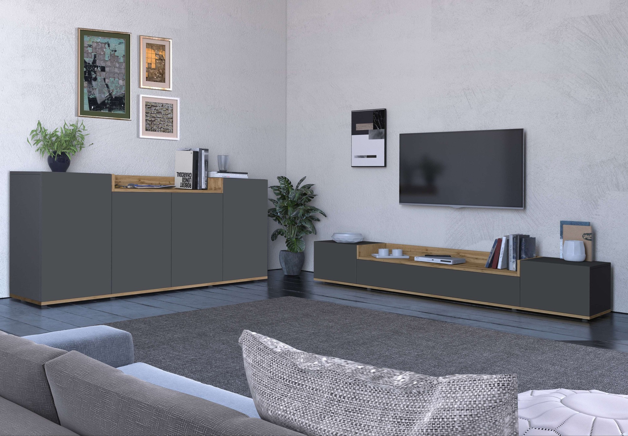 OTTO home Lowboard »BOLSENA,TV-Kommode, TV-Möbel,TV-Bank, 4 Fächer und offenes Ablagefach« 1 Stk. tlg. stehend/hängend montierbar, Made in Italy, B/T/H: 200 × 35 × 31,2 cm