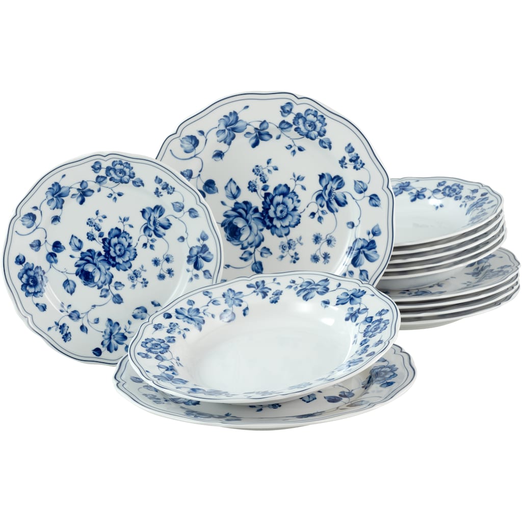 CreaTable Tafelservice »Teller Set, Geschirr-Set ROYAL BLUE FLOWER«, (Set, 12 tlg., Teller Set für 6 Personen)