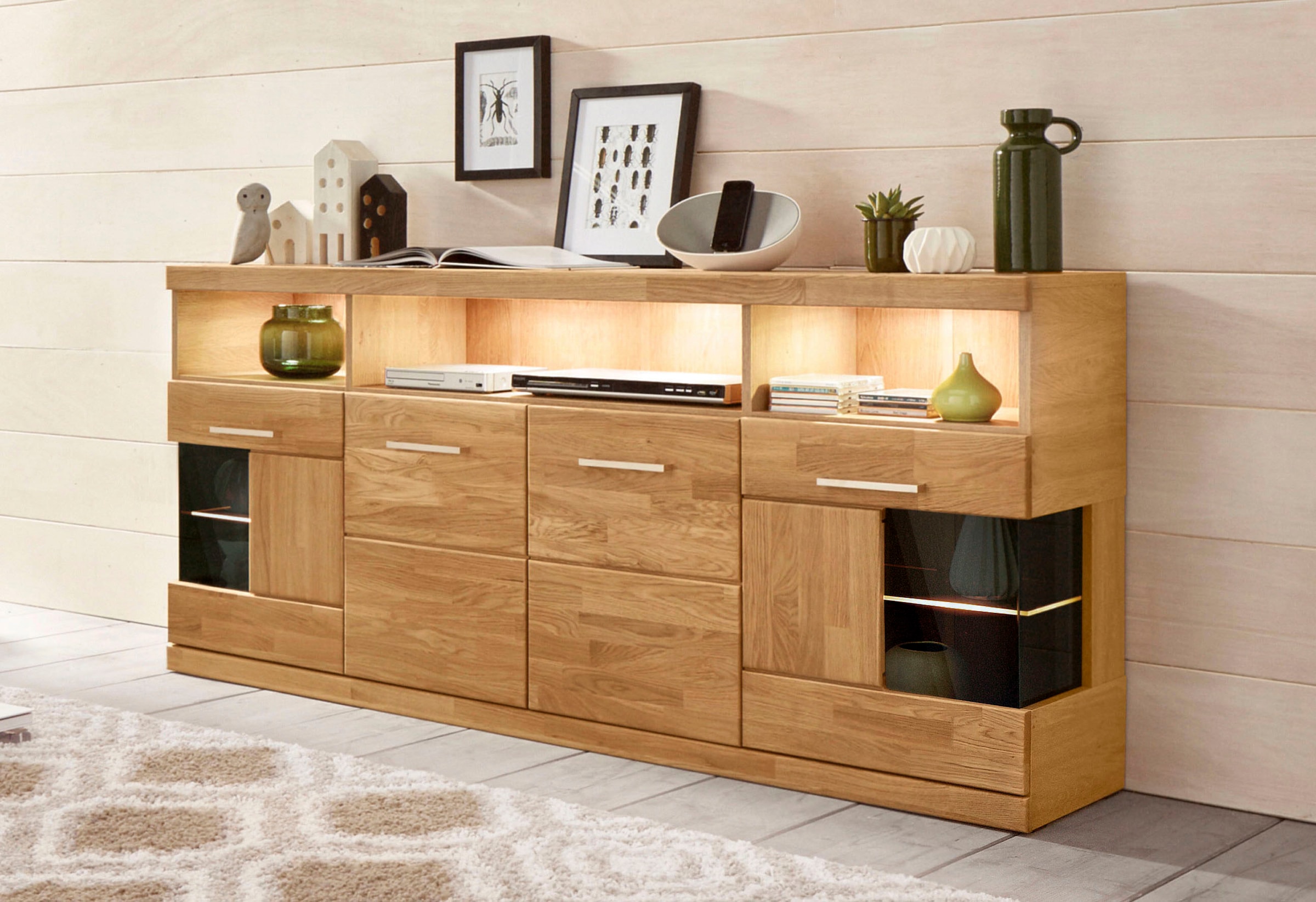 Home affaire Sideboard »Ribe,180cm breit,Fronten Masivholz,9 Fächer,4 Türen«, Holz massiv, Holzwerkstoff, Metall Griffe,2Türen mit Glaseinsatz